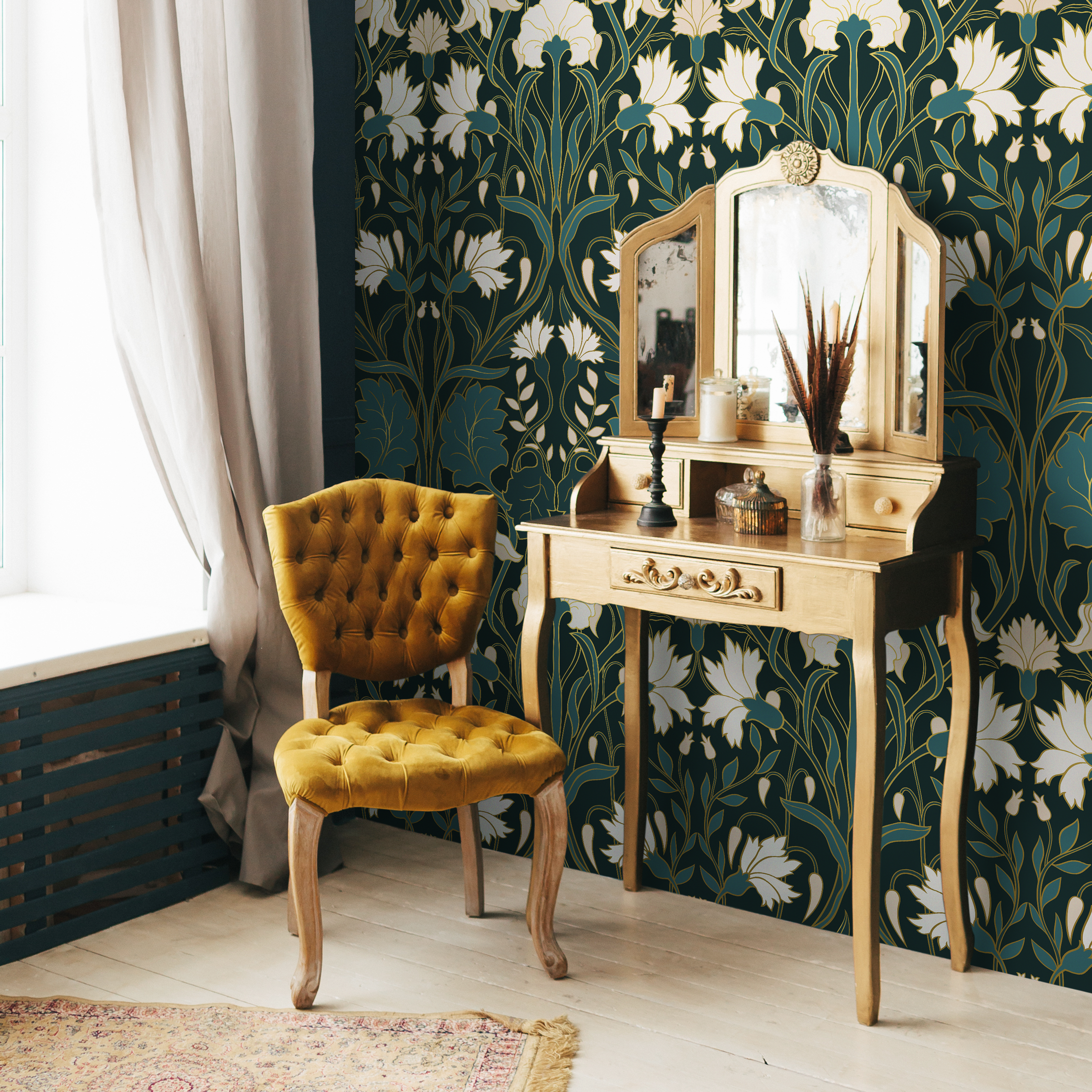 Art Nouveau Wallpaper With Stylized Florals In Green, Cream, And Gold - C281