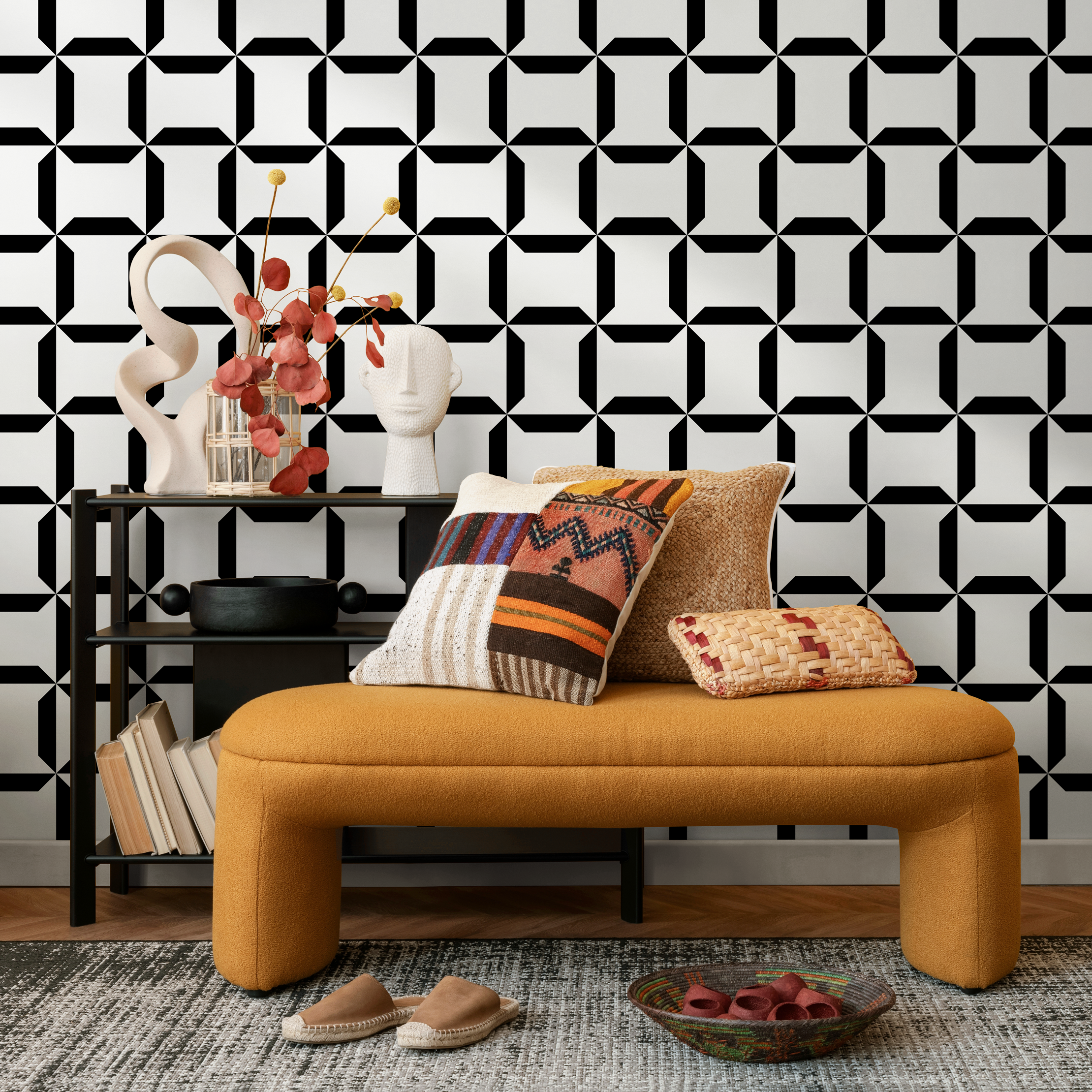 Geometric Wallpaper With An Interlocking Block Motif In Black And White - C283