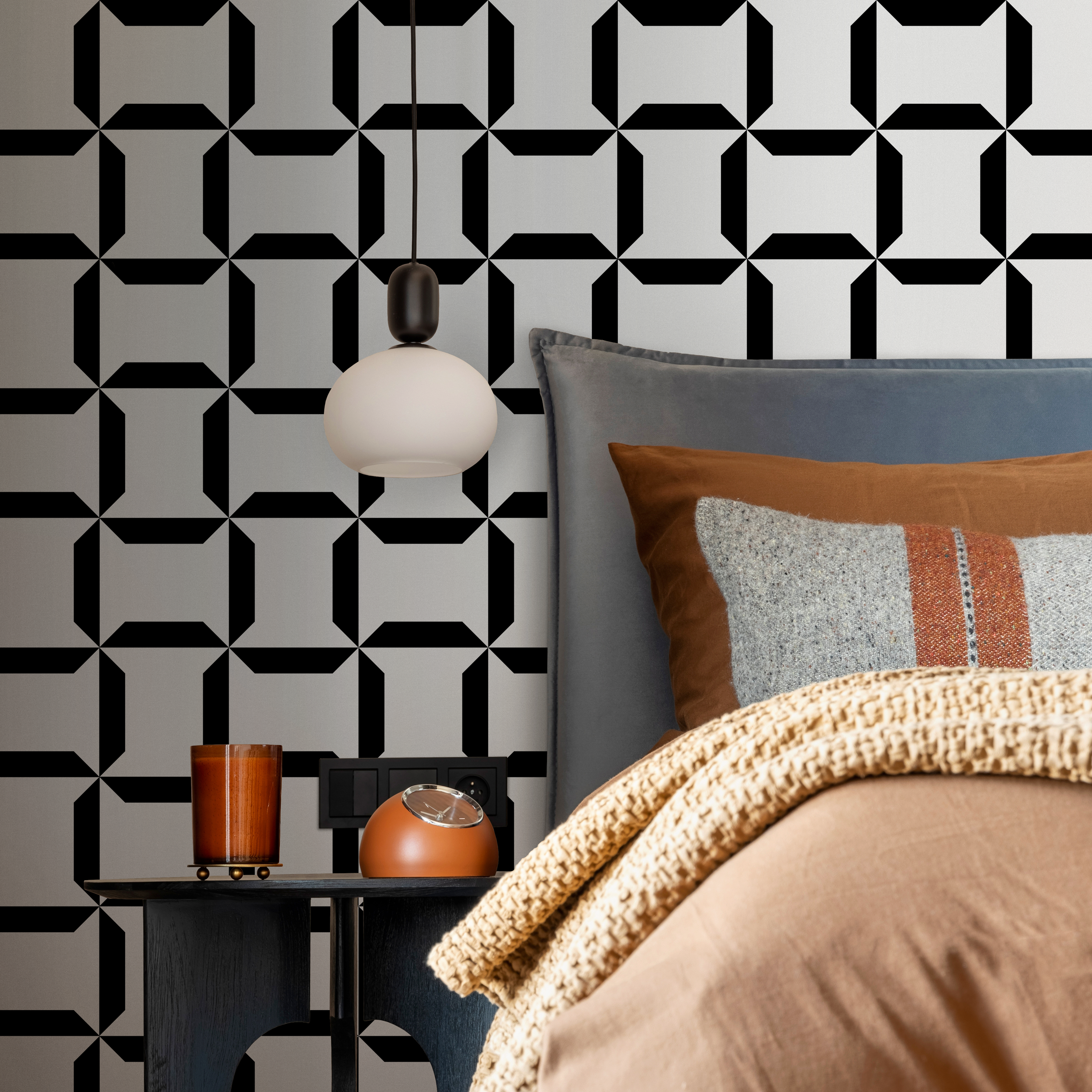 Geometric Wallpaper With An Interlocking Block Motif In Black And White - C283