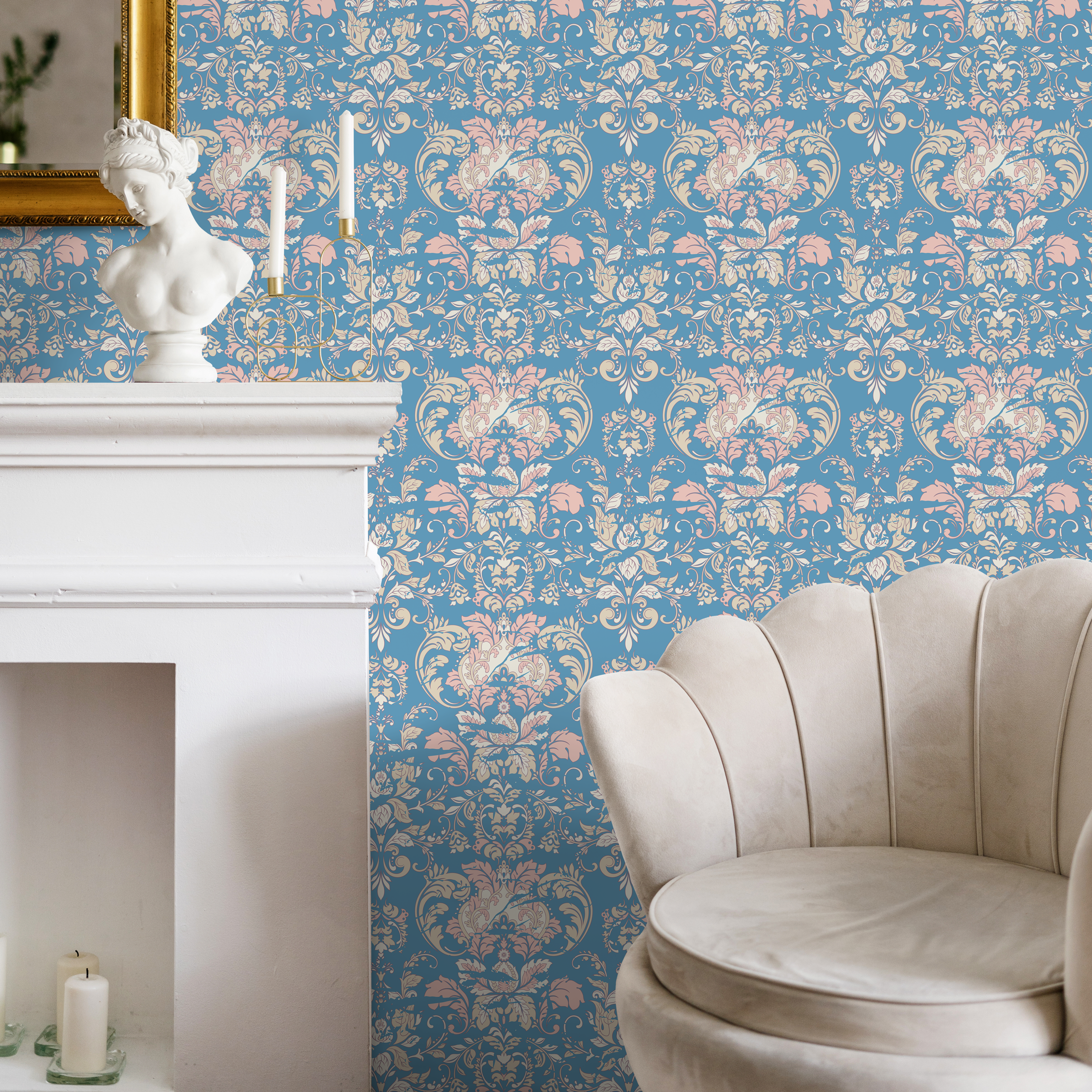 Damask Wallpaper With An Elegant Floral Motif In Blue, Pink, And Beige - C284