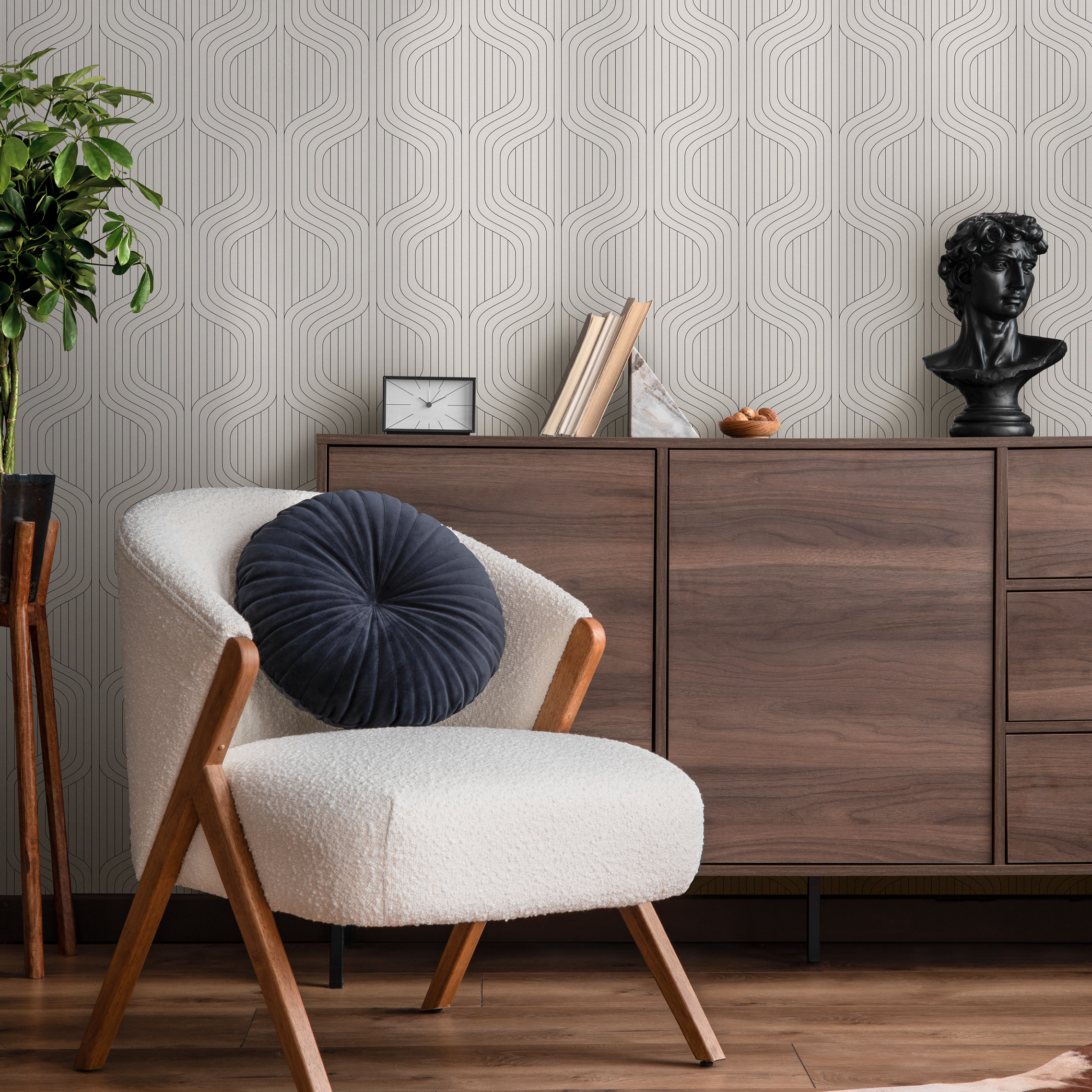 Geometric Wallpaper With A Wavy Line Pattern In Black And Beige - C285
