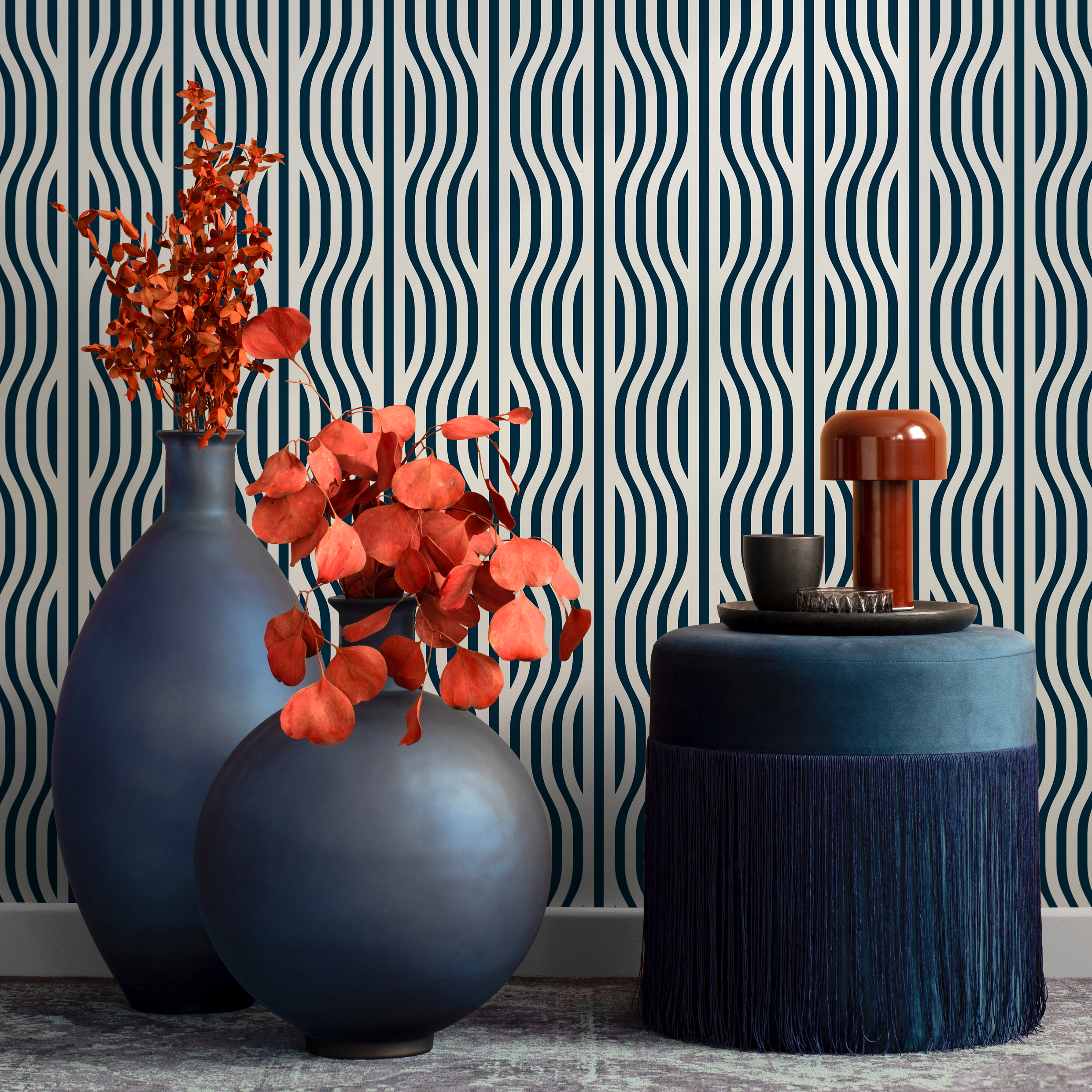 Abstract Wallpaper With Wavy Vertical Lines In Dark Blue And White - C286