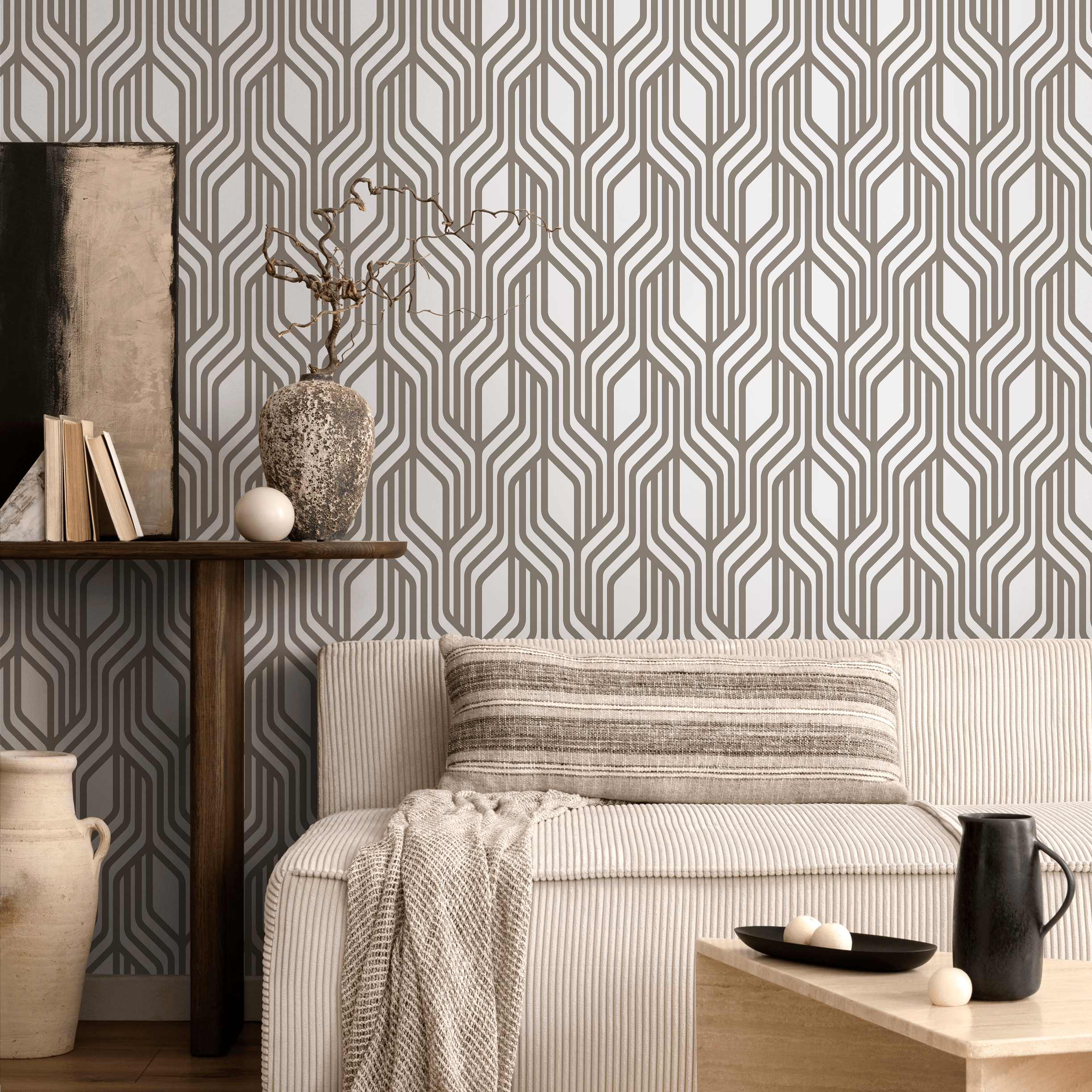 Geometric Wallpaper With An Interlocking Linear Pattern In Beige - C287