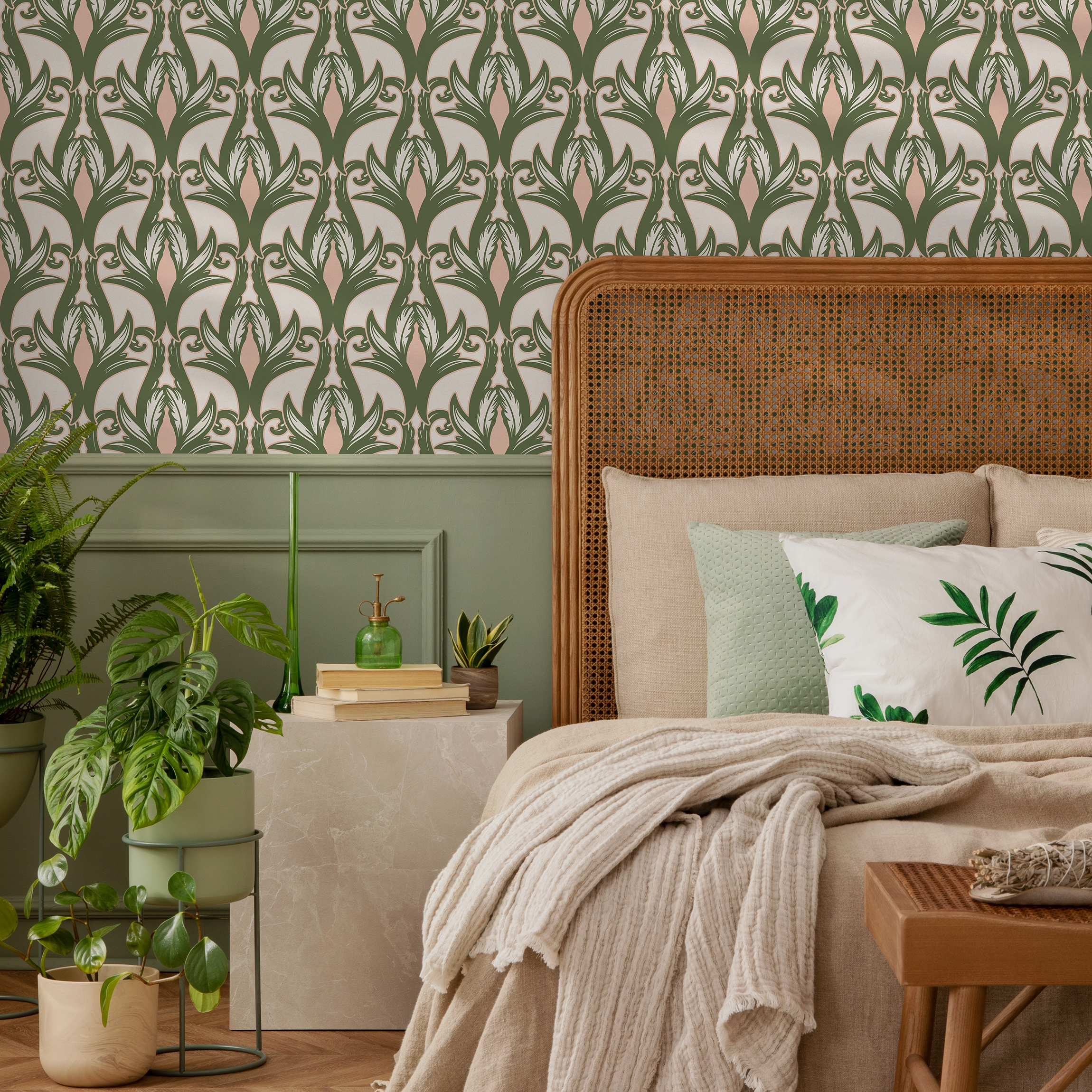 Art Nouveau Wallpaper With A Stylized Floral Motif In Green, Pink, And Beige - C288