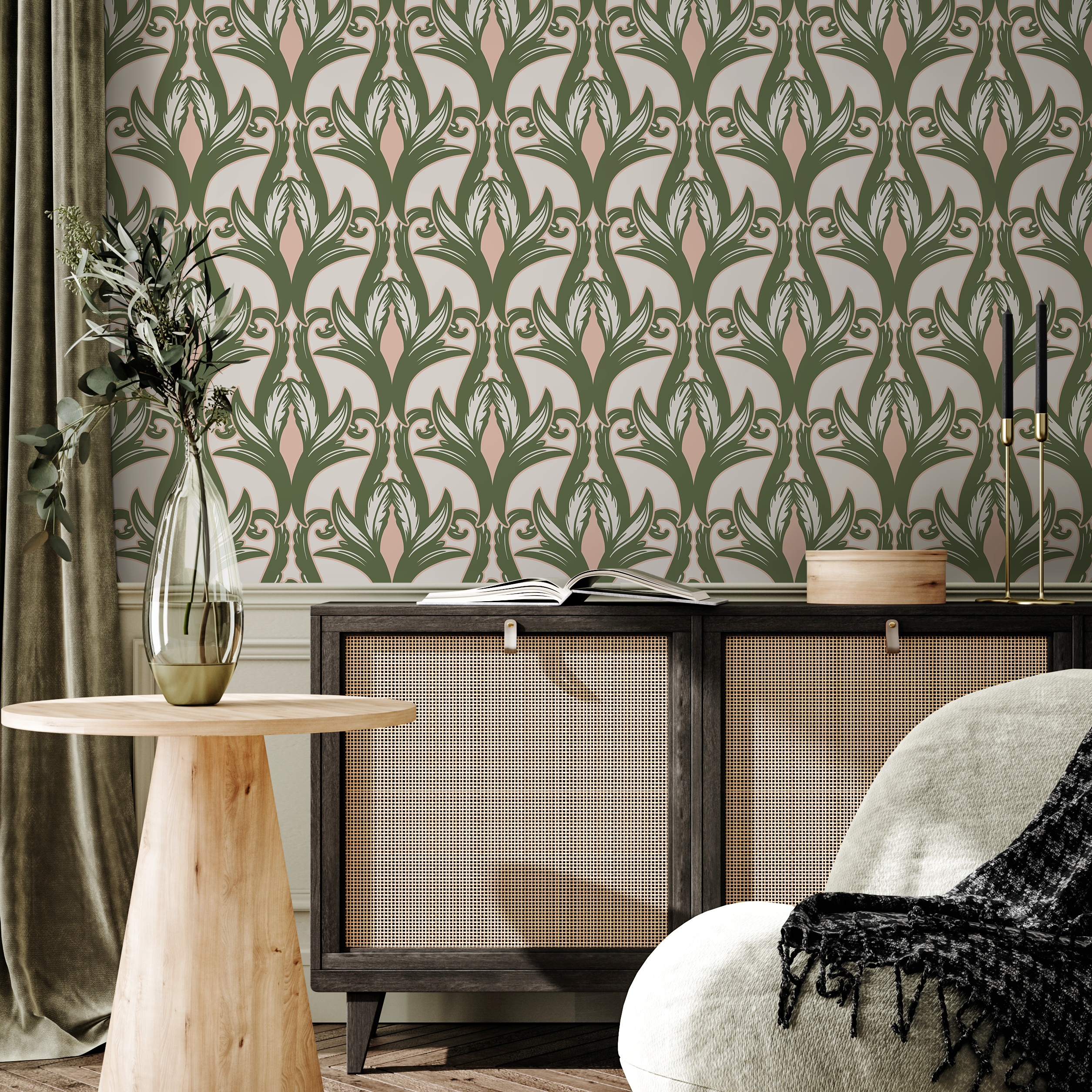 Art Nouveau Wallpaper With A Stylized Floral Motif In Green, Pink, And Beige - C288