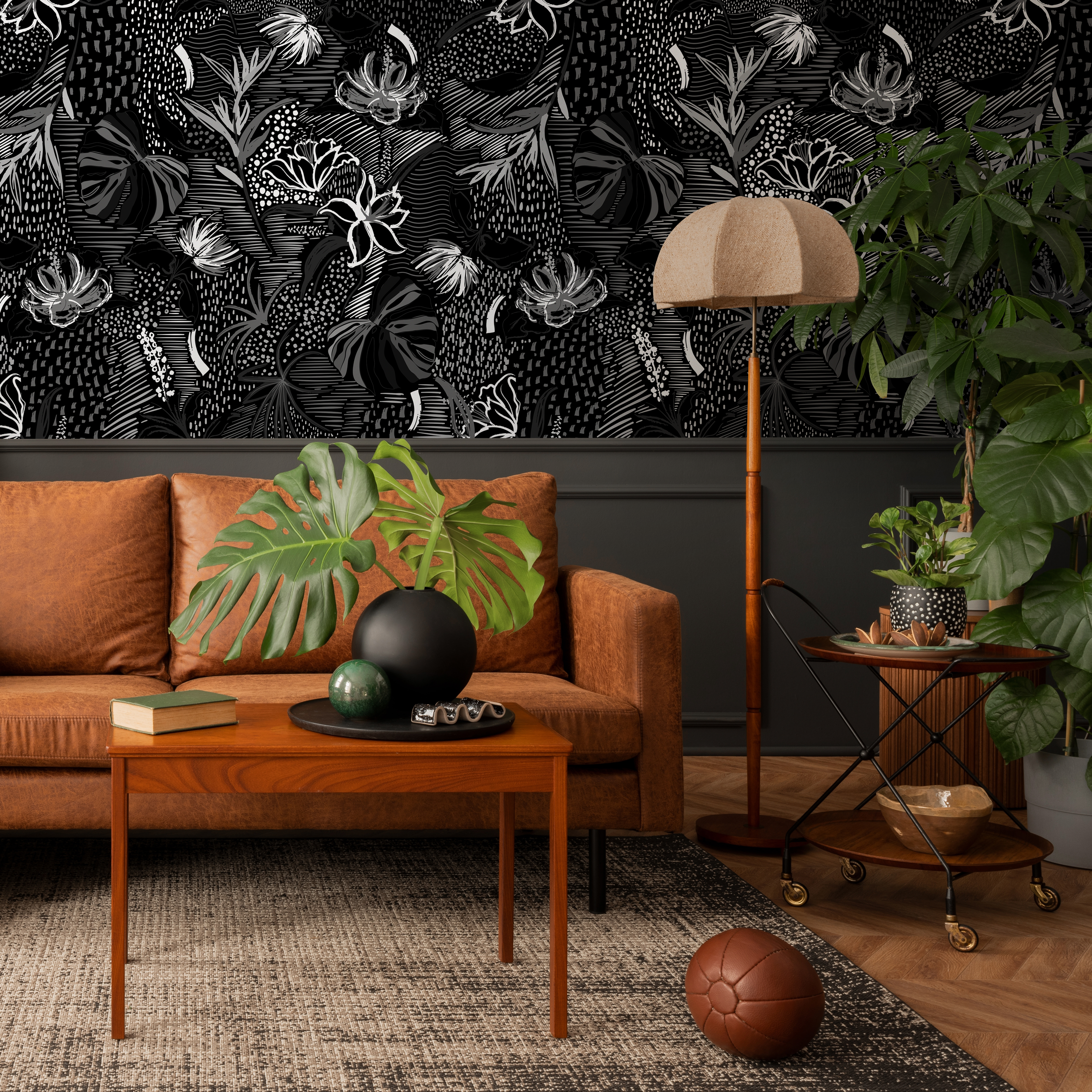 Abstract Floral Wallpaper With Textured Botanical Motifs In Black And White - C289