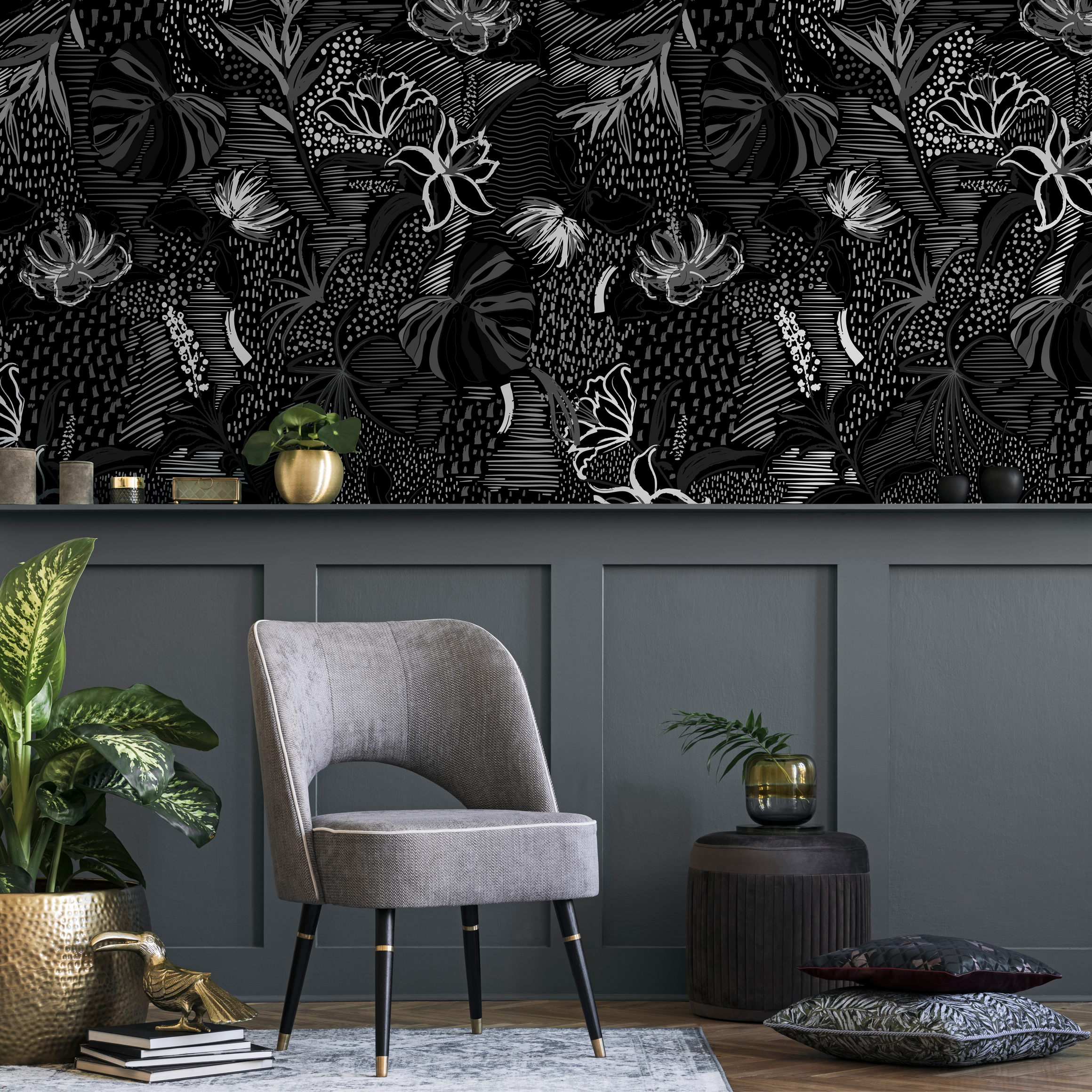 Abstract Floral Wallpaper With Textured Botanical Motifs In Black And White - C289