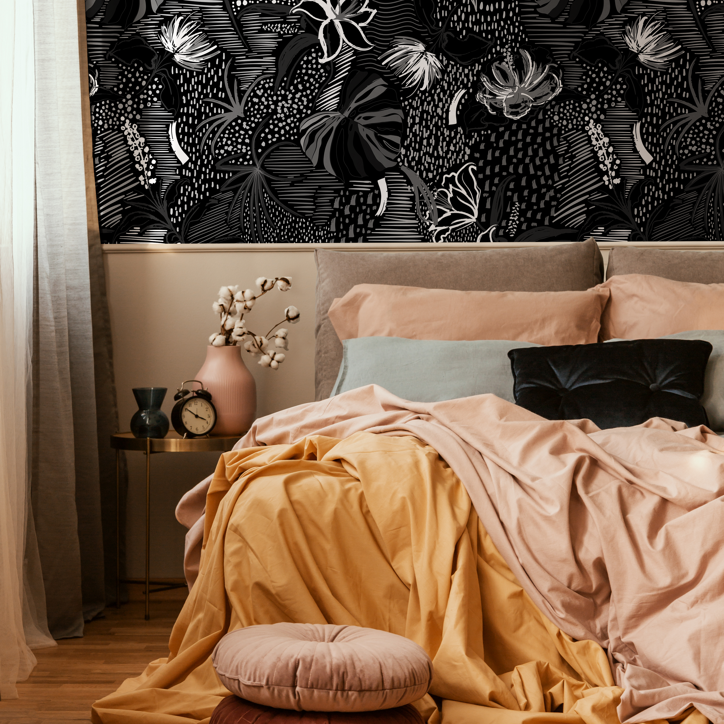 Abstract Floral Wallpaper With Textured Botanical Motifs In Black And White - C289