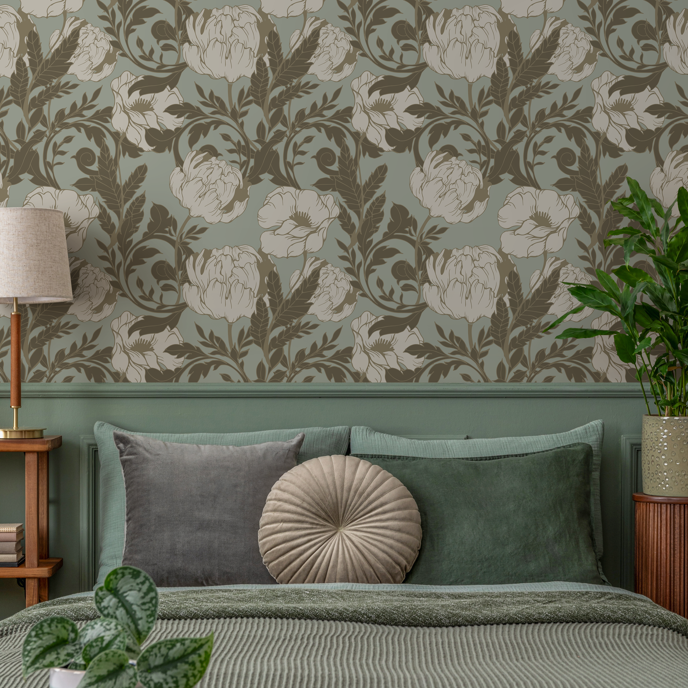 Vintage Floral Wallpaper With Elegant Peonies In Sage Green And Brown - C291