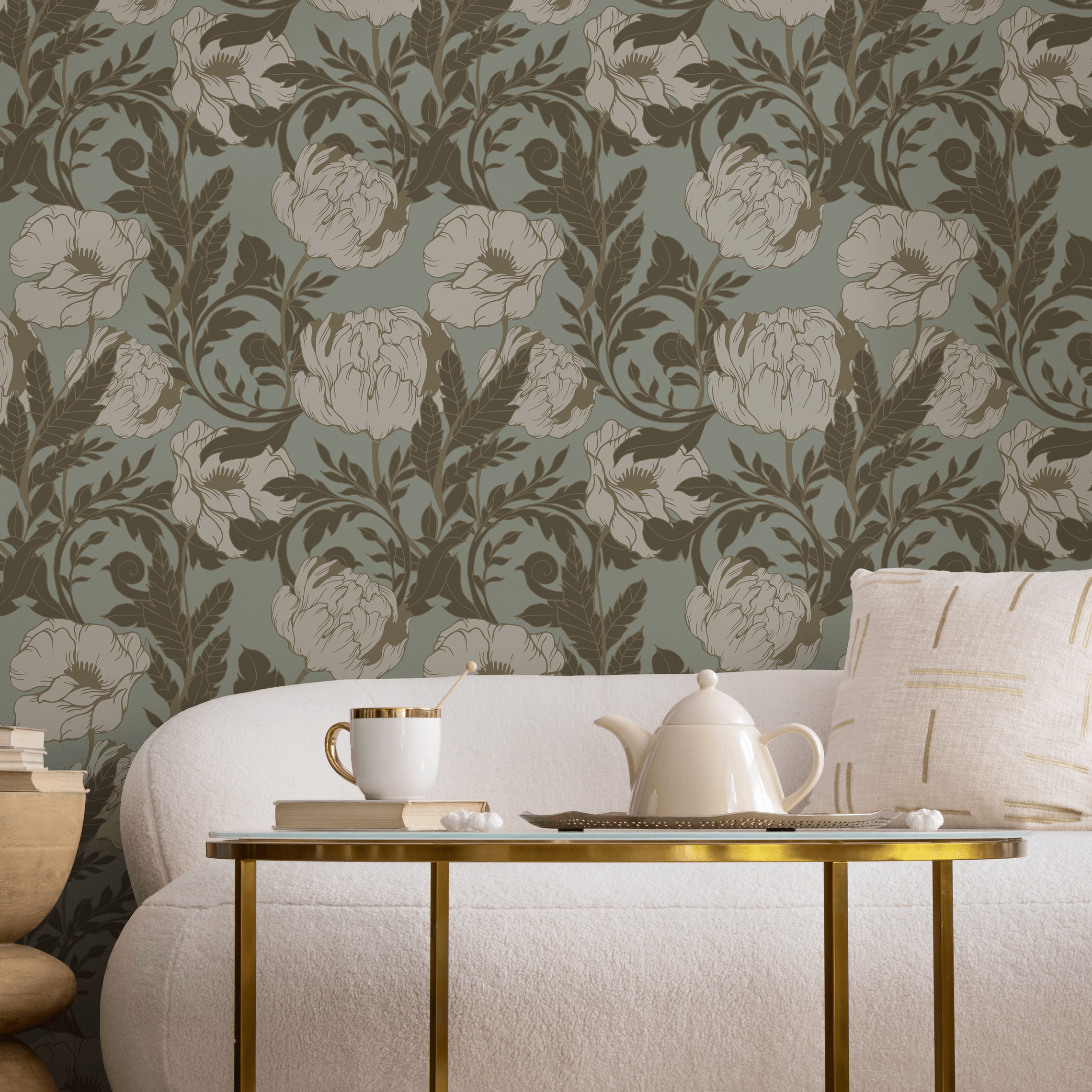 Vintage Floral Wallpaper With Elegant Peonies In Sage Green And Brown - C291