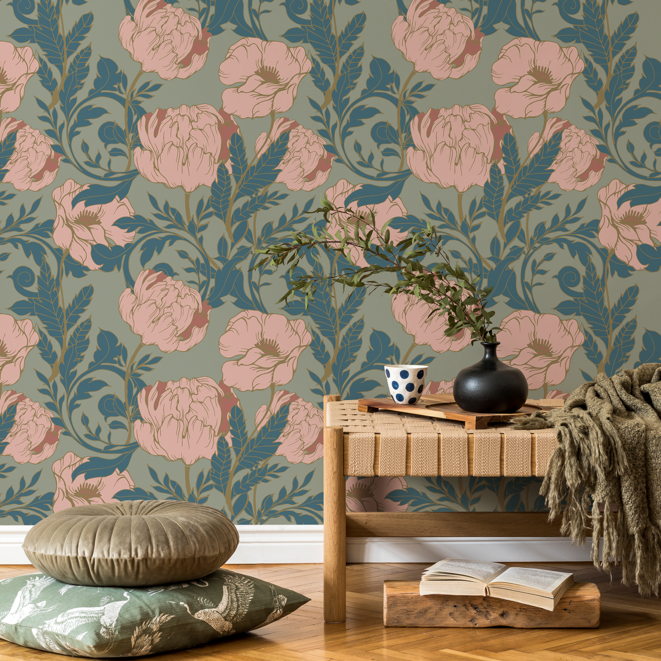 Floral Wallpaper With An Art Nouveau Peony Motif In Sage Green, Pink, And Teal - C292