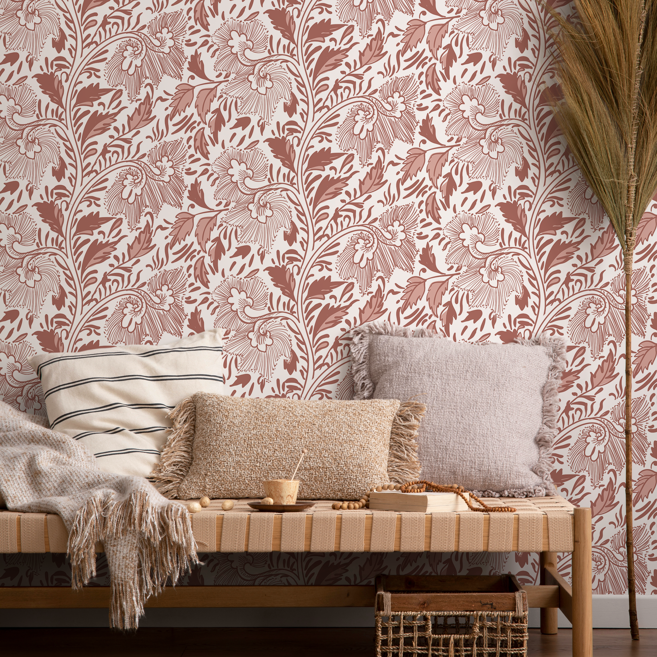 Vintage Floral Wallpaper With A Stylized Vine Motif In Terracotta And Dusty Rose - C294