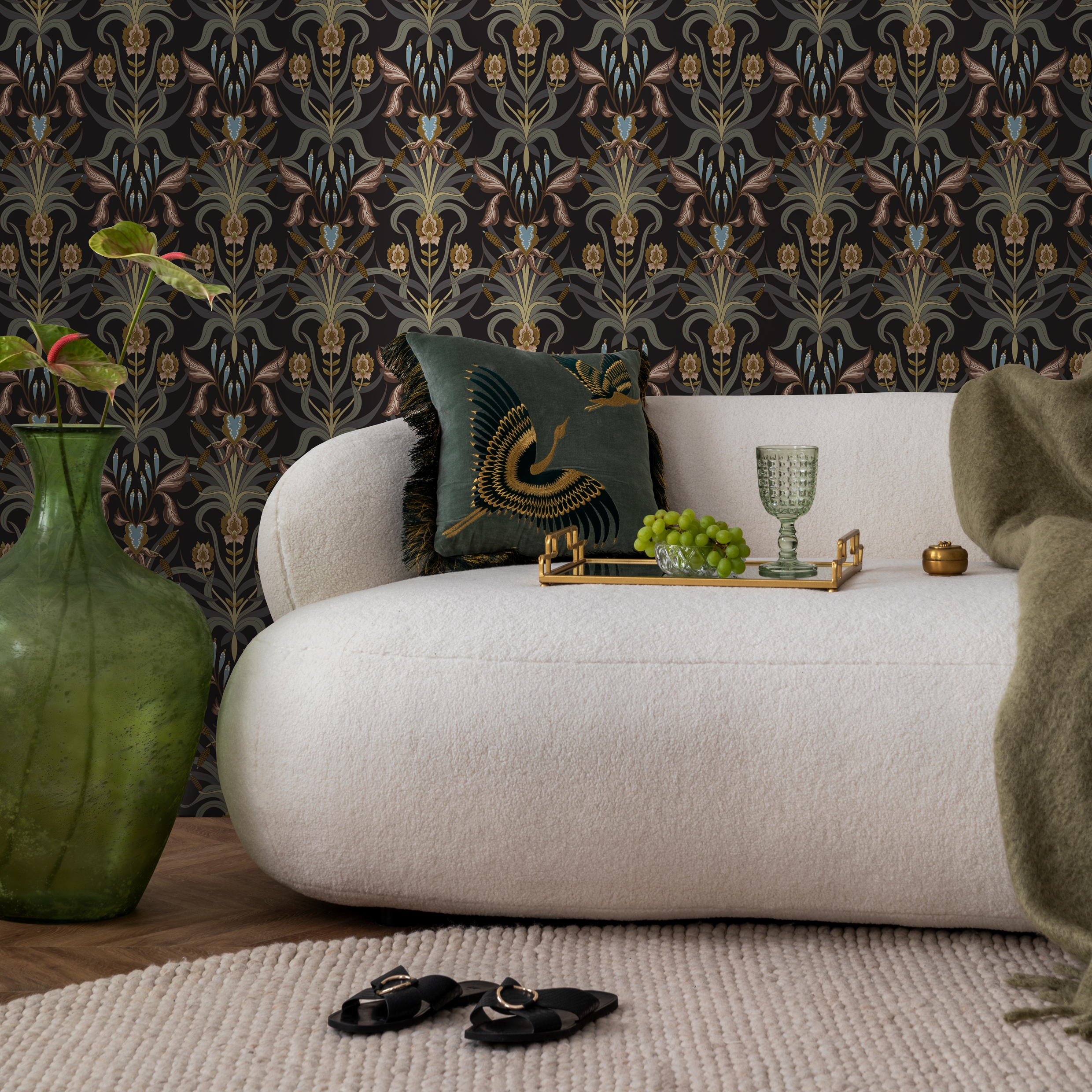 Art Nouveau Wallpaper With A Floral Damask Motif In Brown, Gold, And Blue - C295