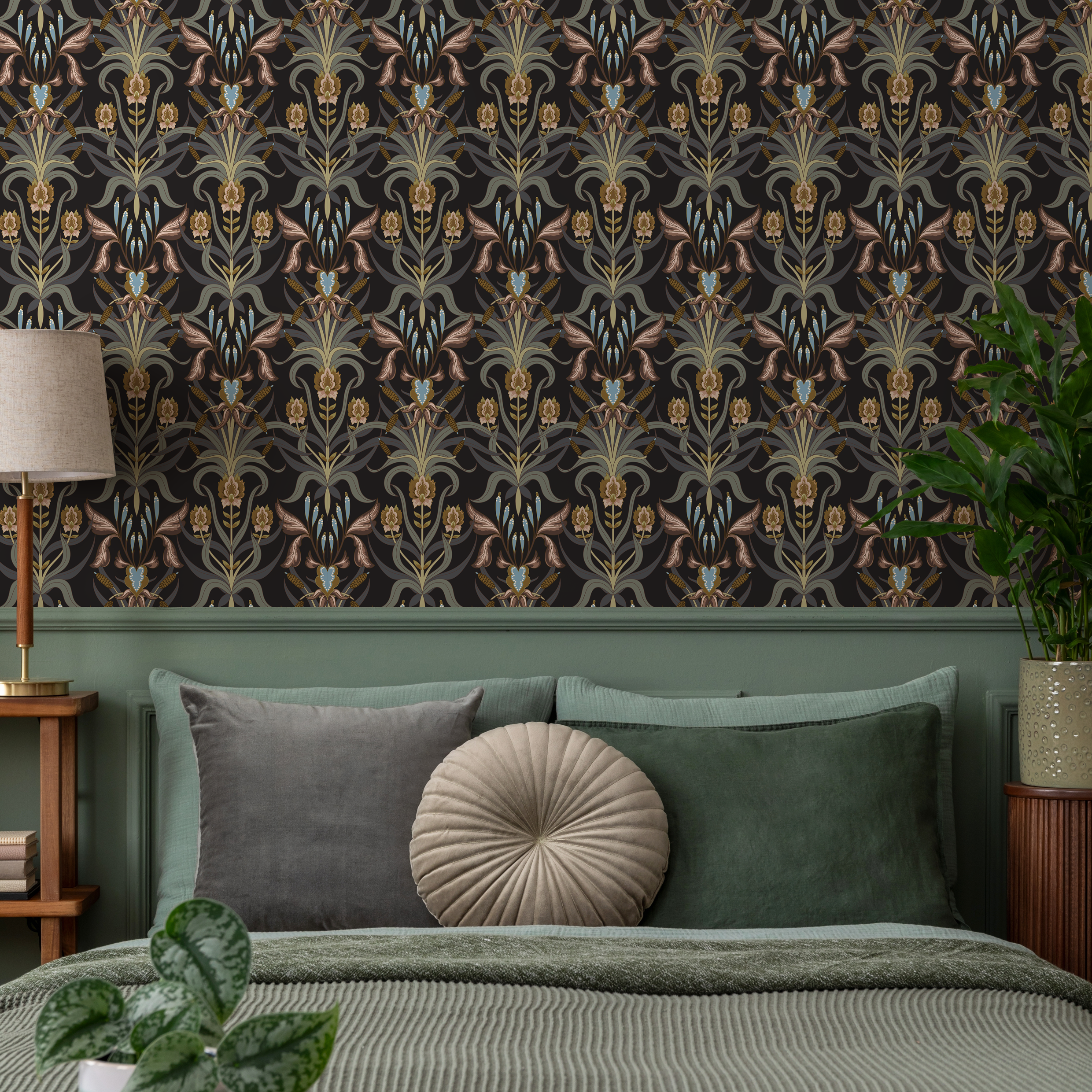 Art Nouveau Wallpaper With A Floral Damask Motif In Brown, Gold, And Blue - C295