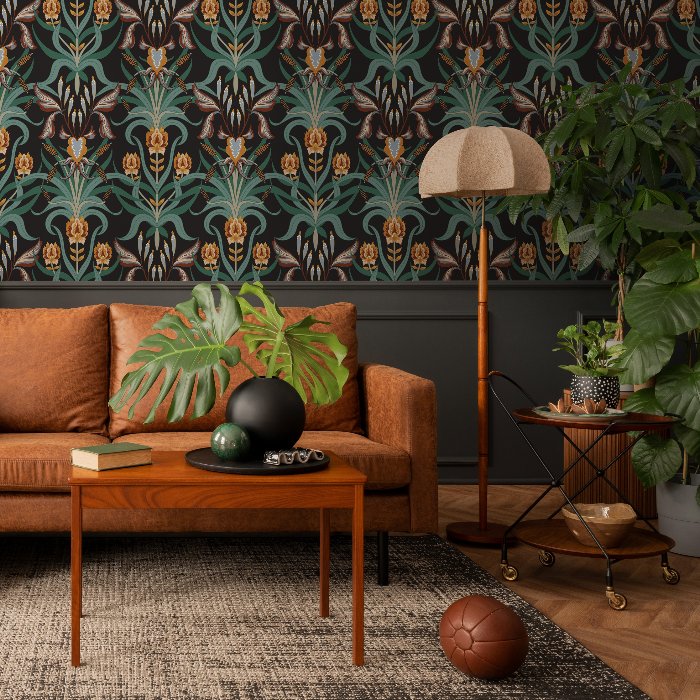 Art Nouveau Wallpaper With A Symmetrical Iris Motif In Green, Orange, And Black - C296