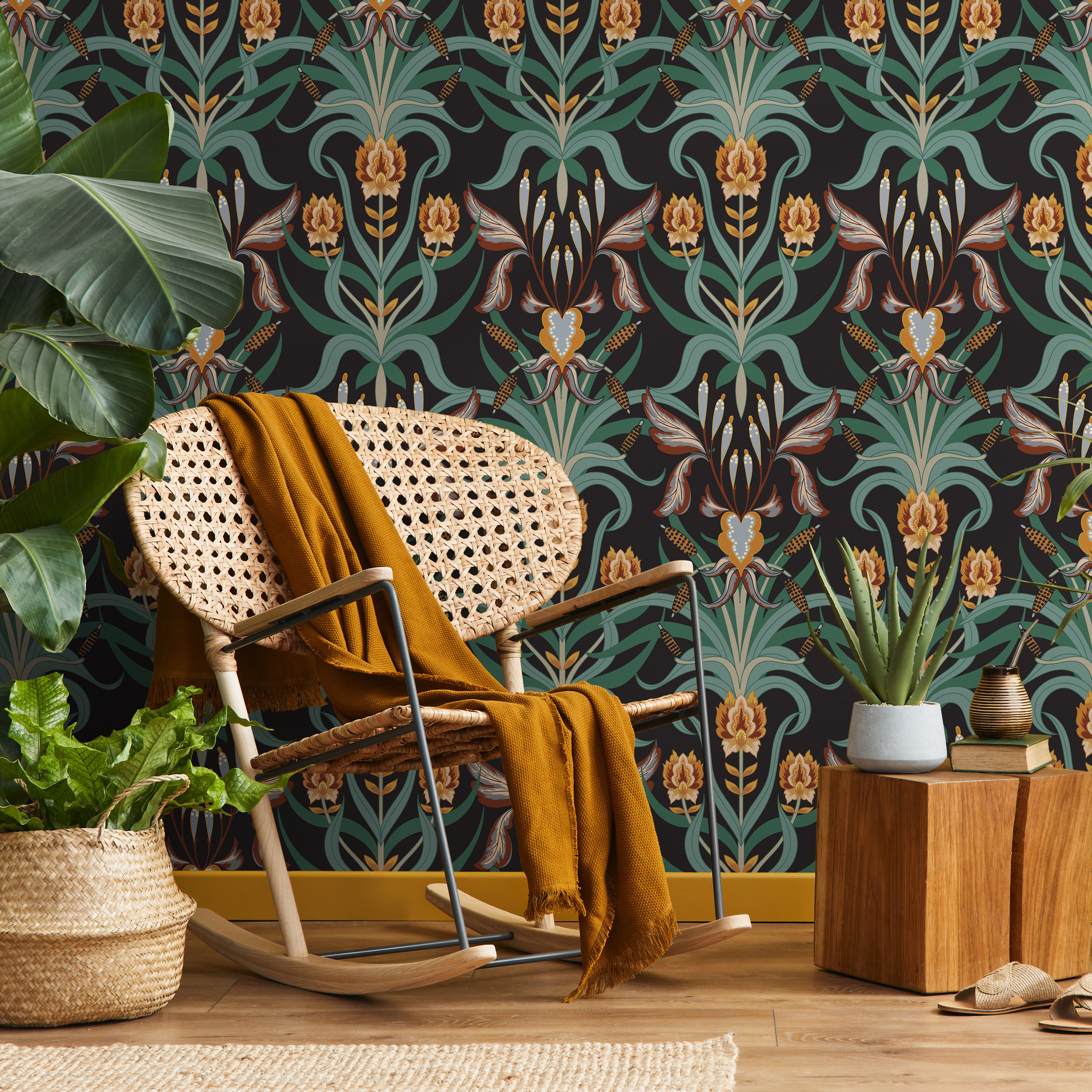 Art Nouveau Wallpaper With A Symmetrical Iris Motif In Green, Orange, And Black - C296