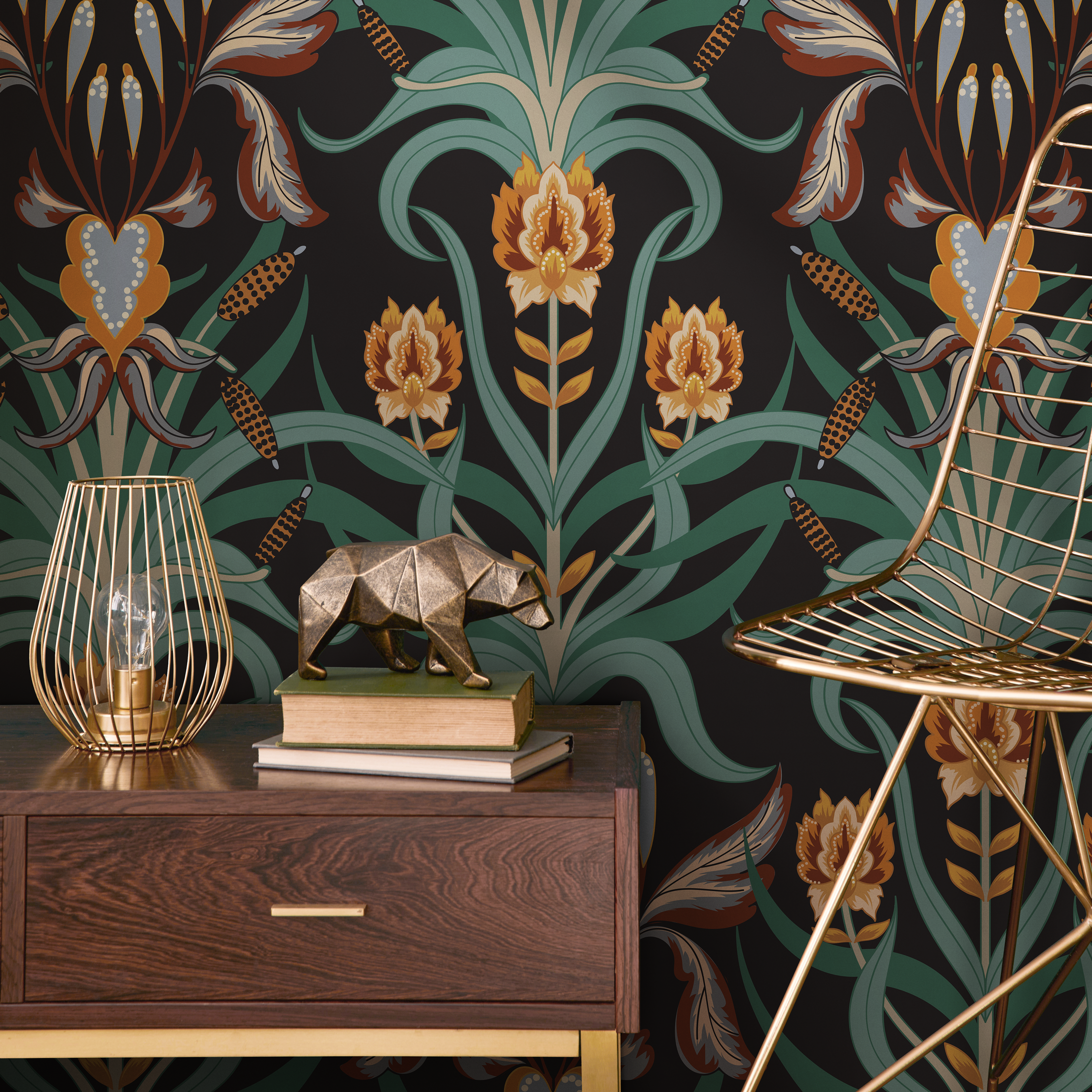 Art Nouveau Wallpaper With A Symmetrical Iris Motif In Green, Orange, And Black - C296