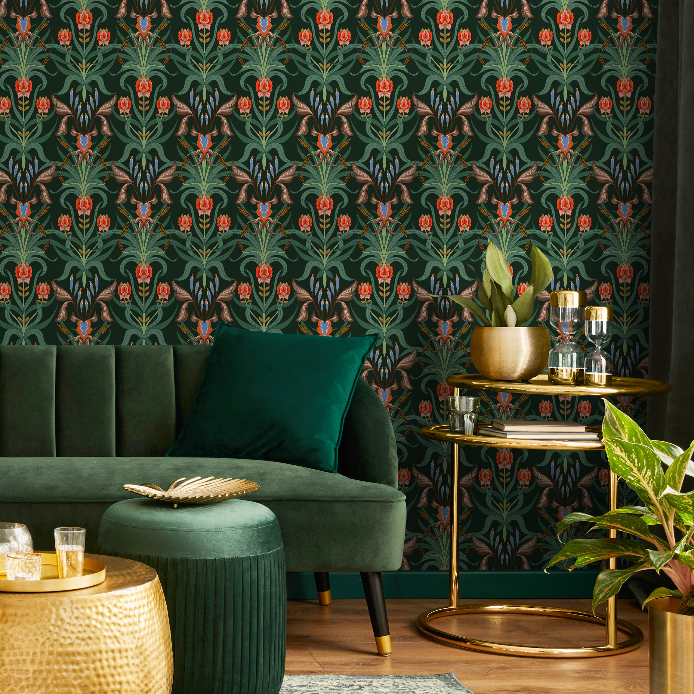 Art Nouveau Wallpaper With A Stylized Floral Damask In Green, Red, And Blue - C297