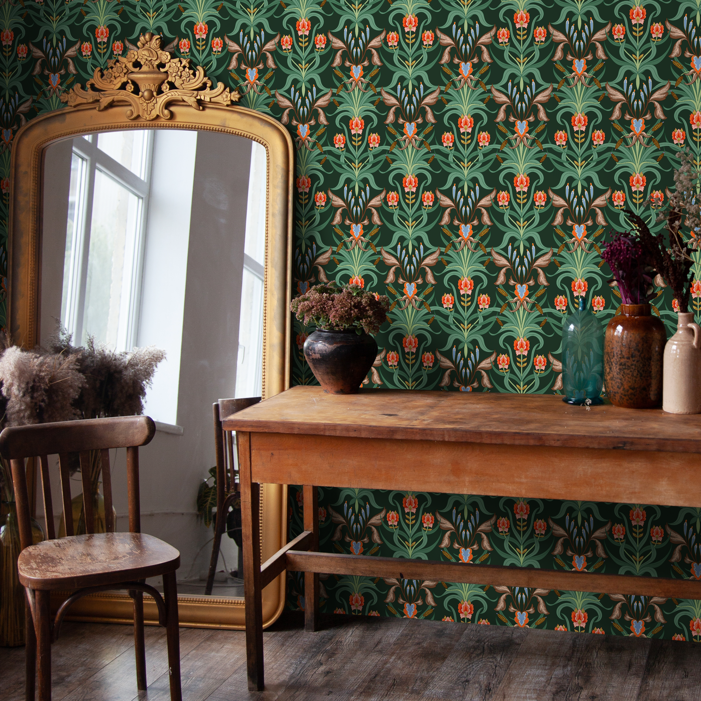 Art Nouveau Wallpaper With A Stylized Floral Damask In Green, Red, And Blue - C297