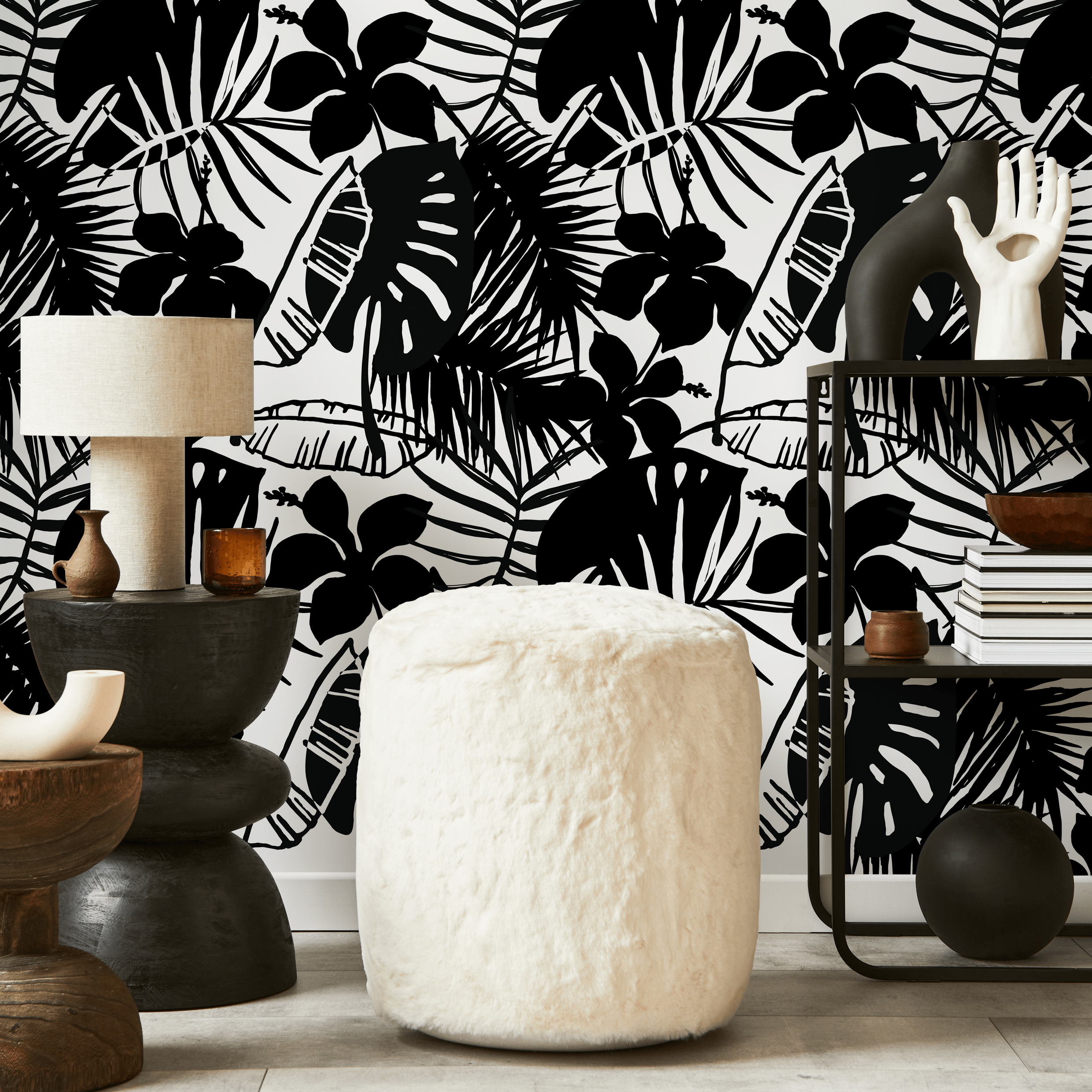 Tropical Wallpaper With Hibiscus And Palm Leaf Silhouettes In Black And White - C298