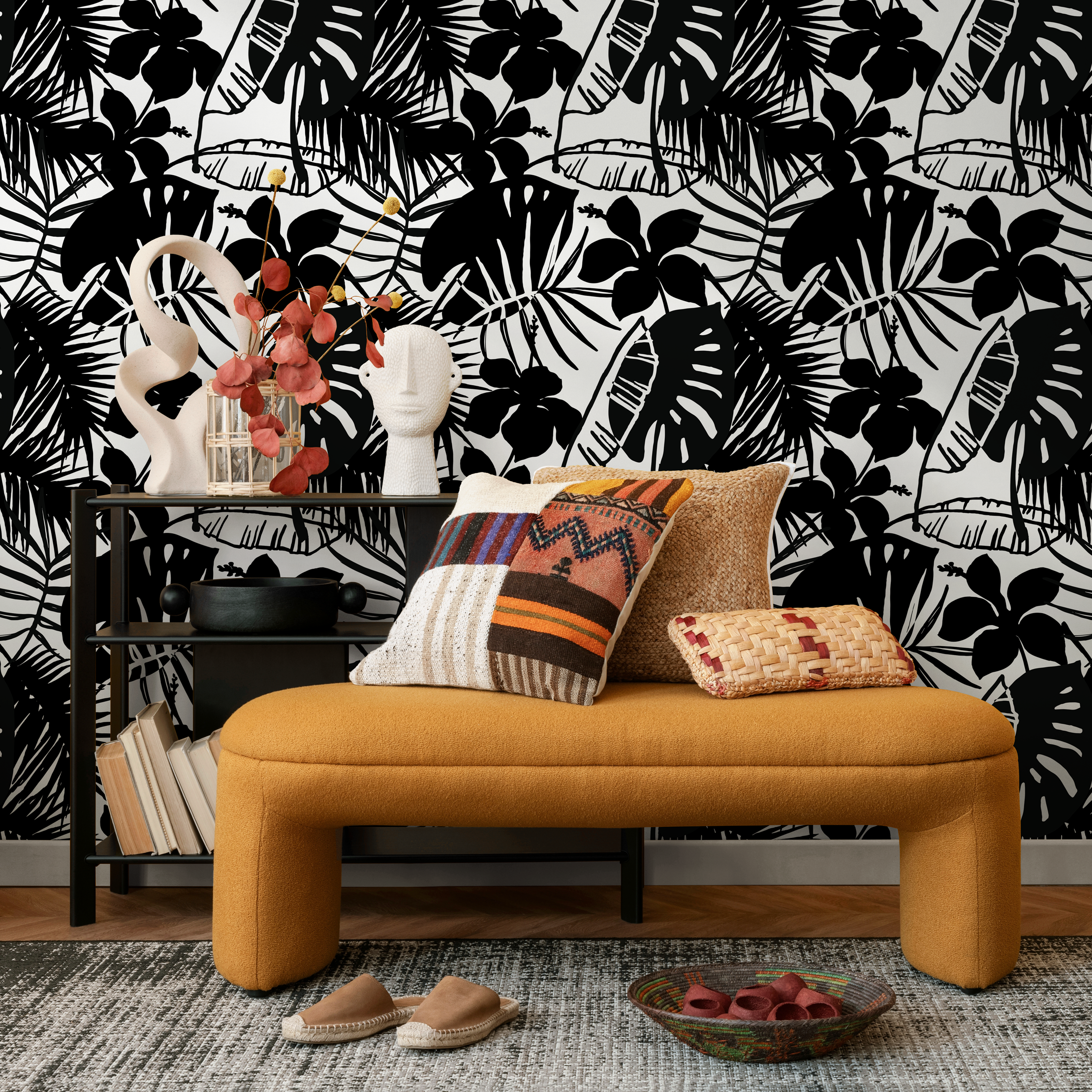Tropical Wallpaper With Hibiscus And Palm Leaf Silhouettes In Black And White - C298