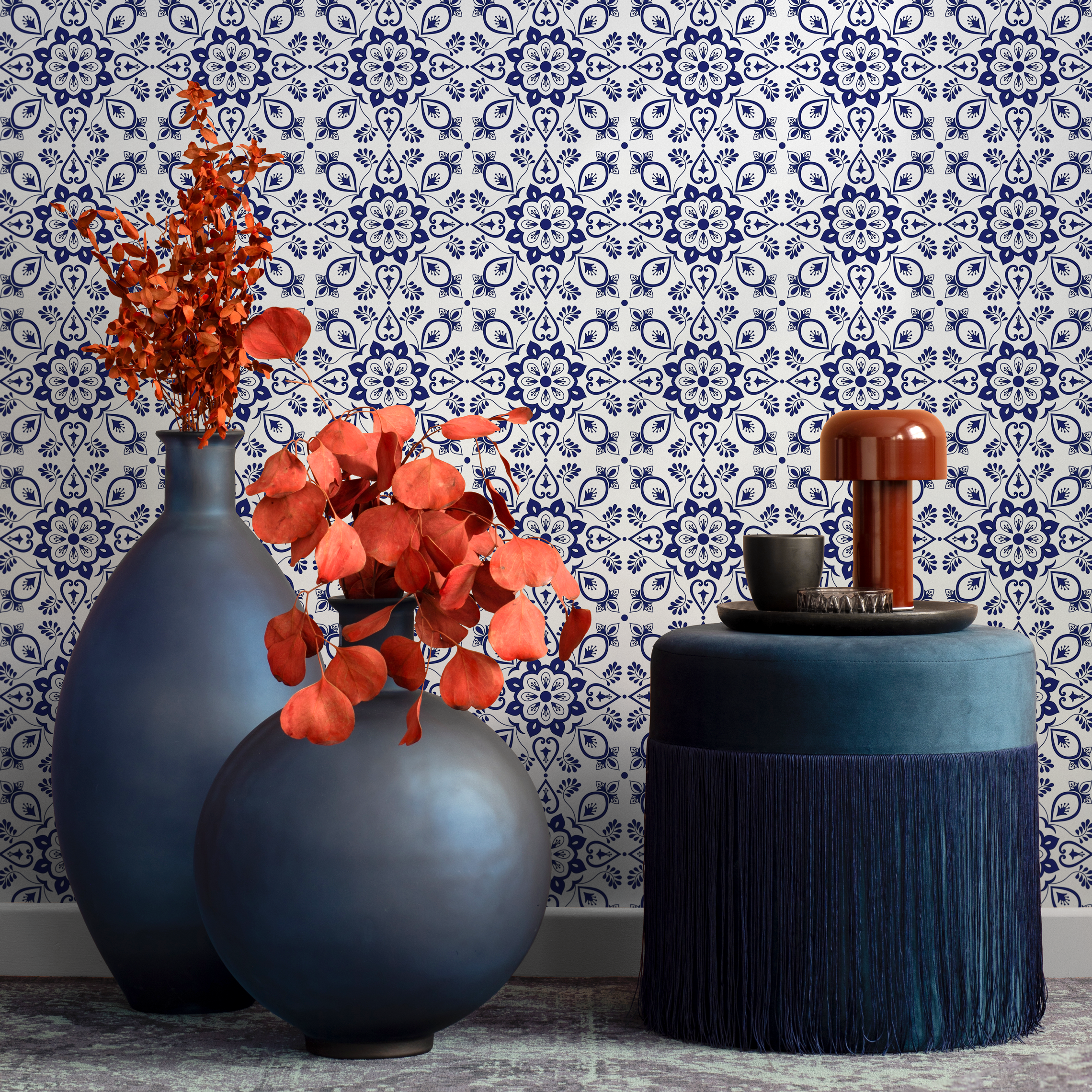 Tile Wallpaper With A Mediterranean Floral Motif In Blue And White - C299