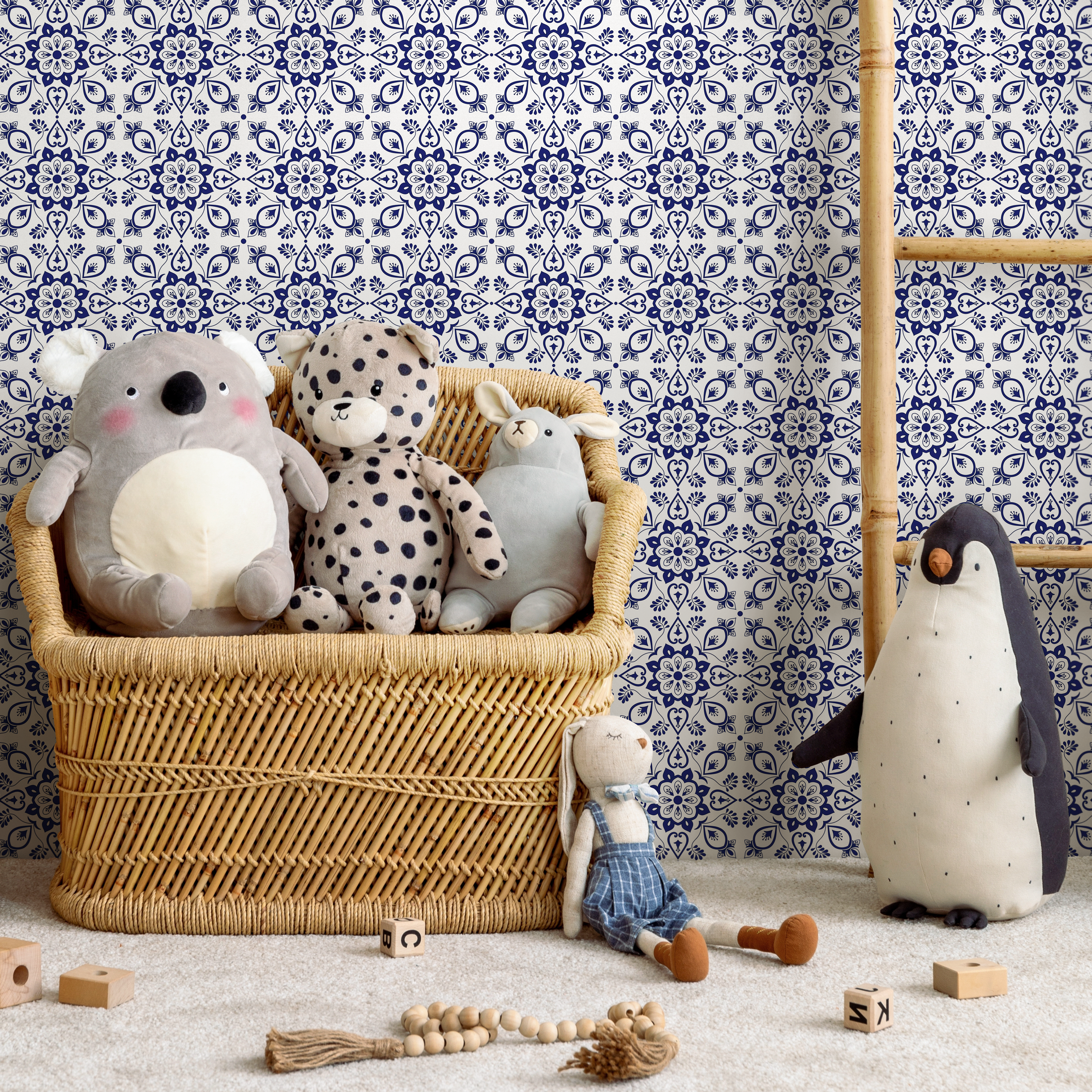 Tile Wallpaper With A Mediterranean Floral Motif In Blue And White - C299