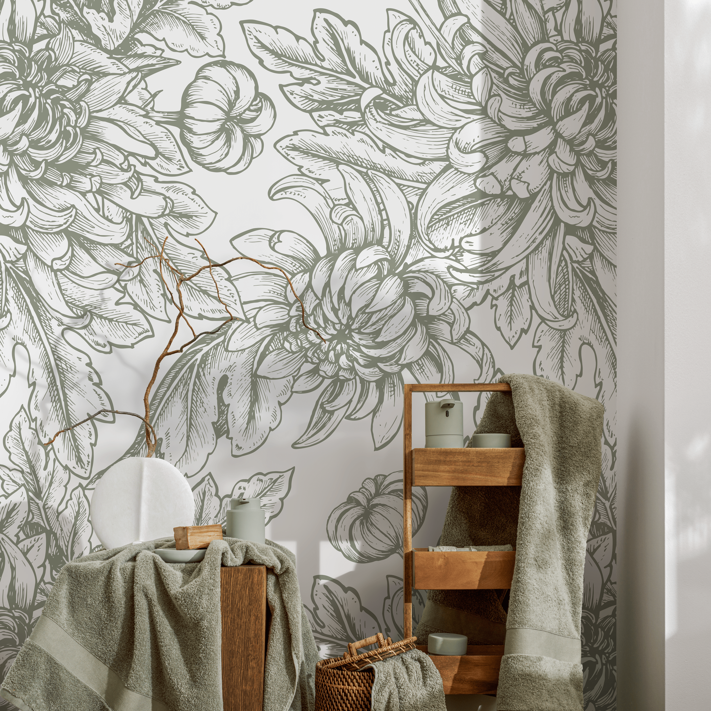 Floral Wallpaper With Hand-drawn Chrysanthemums In Sage Green - C300