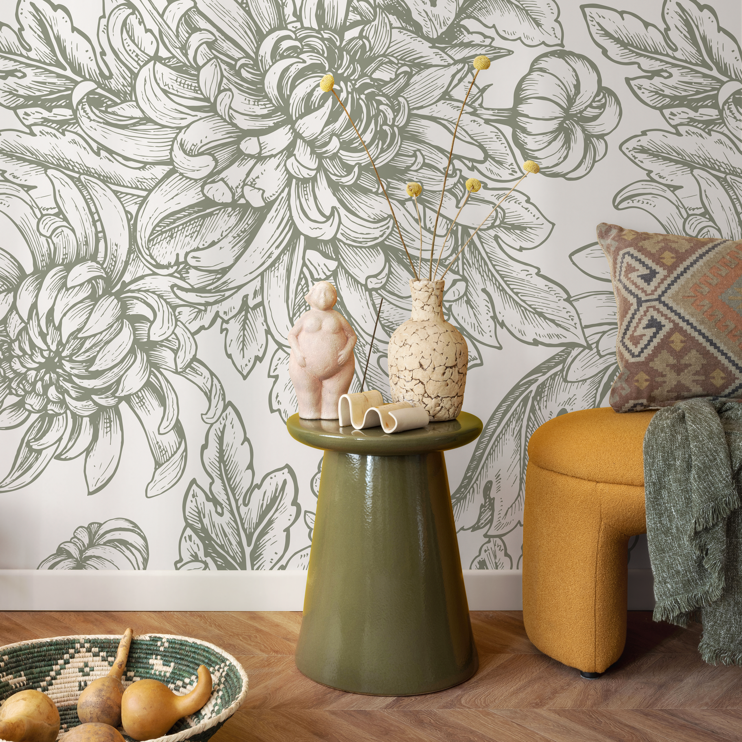 Floral Wallpaper With Hand-drawn Chrysanthemums In Sage Green - C300