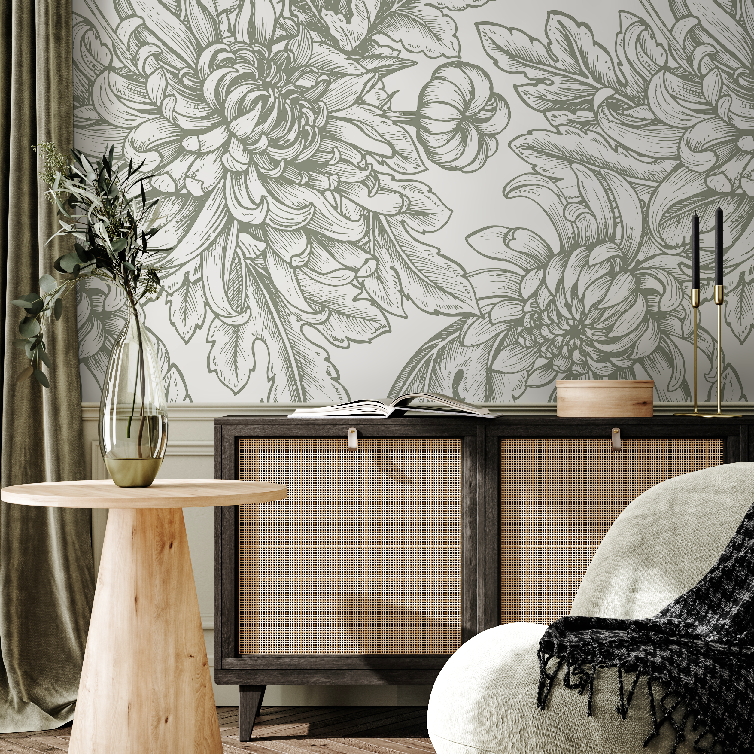 Floral Wallpaper With Hand-drawn Chrysanthemums In Sage Green - C300