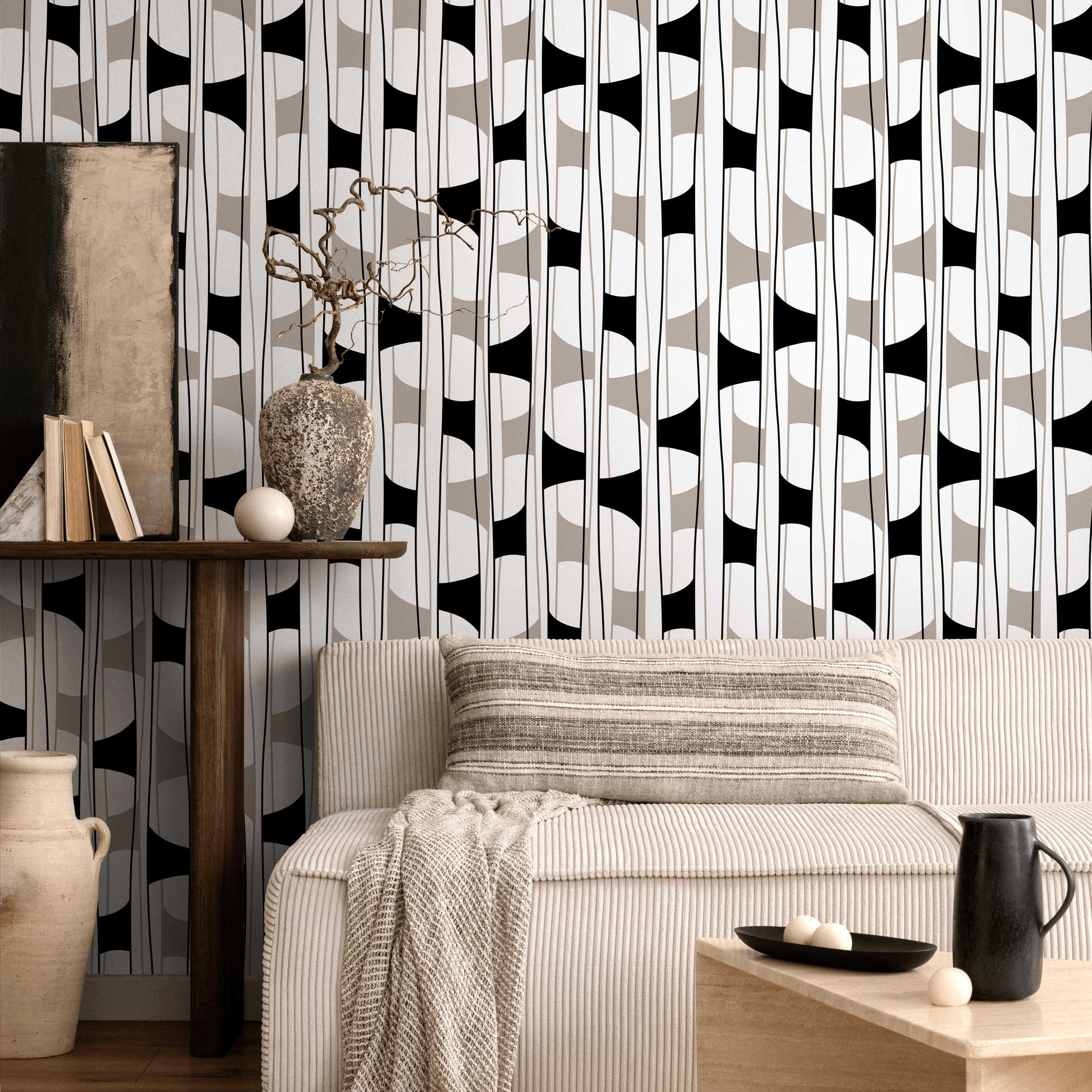 Geometric Wallpaper With Vertical Block Shapes In Black, Taupe, And White - C301