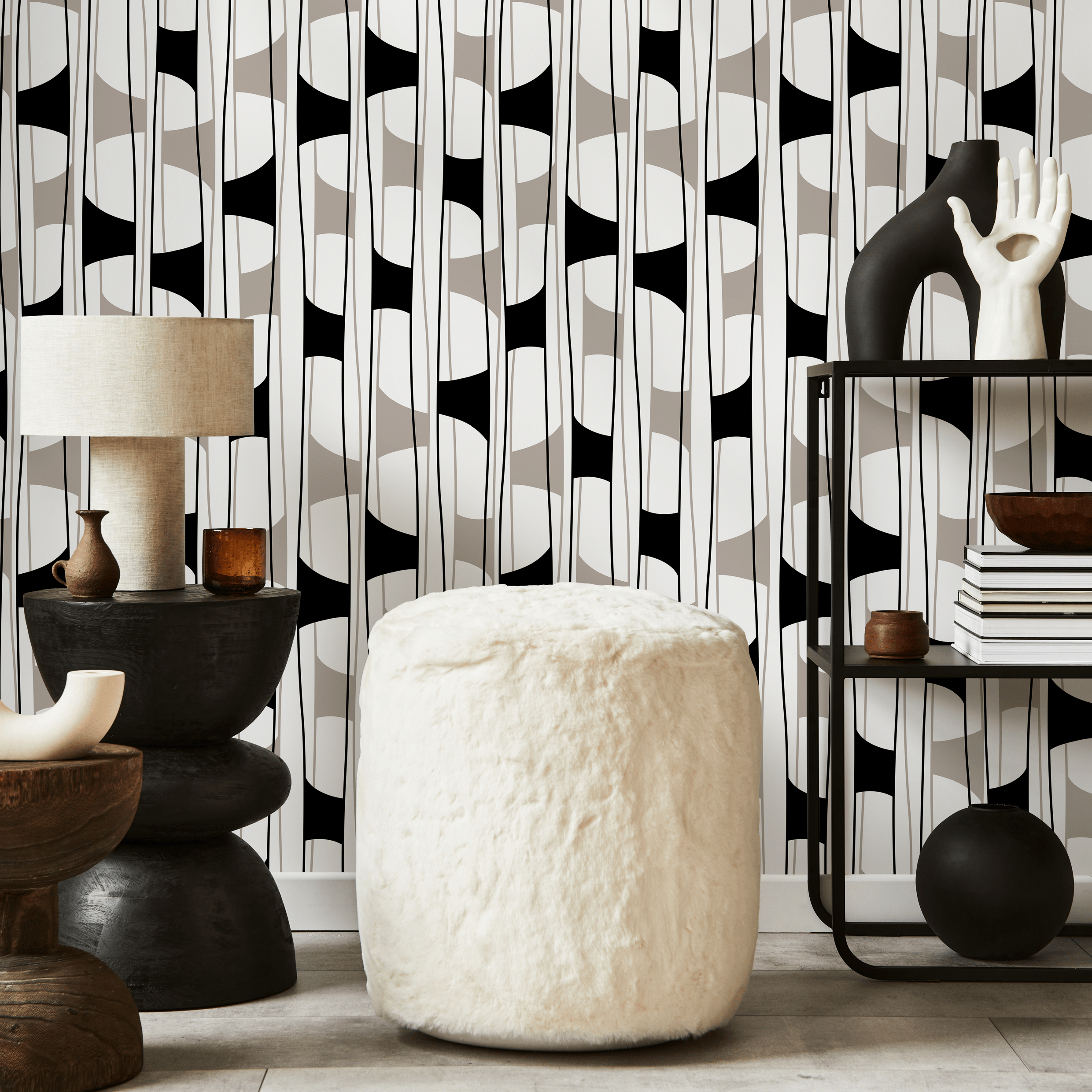 Geometric Wallpaper With Vertical Block Shapes In Black, Taupe, And White - C301