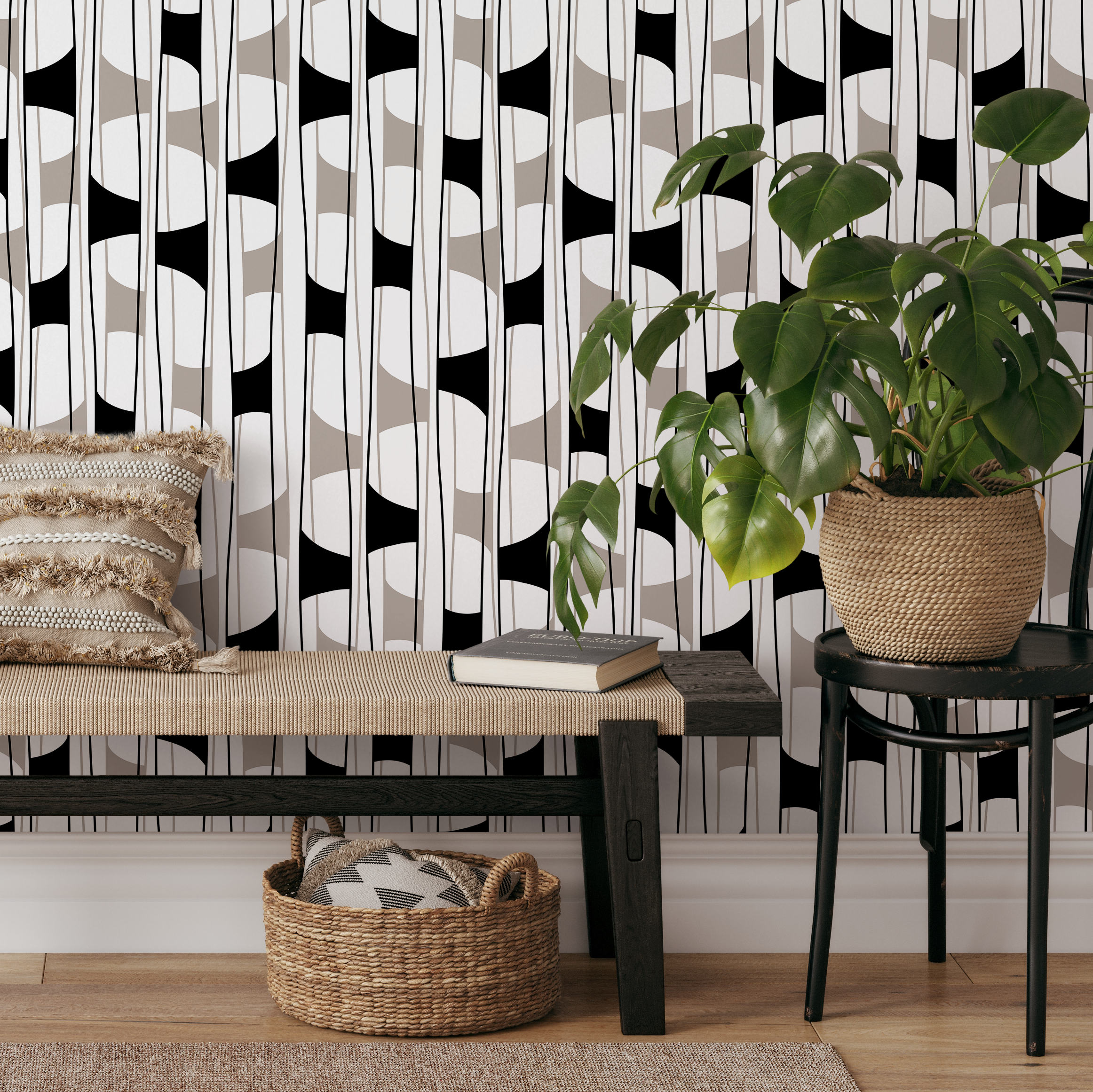 Geometric Wallpaper With Vertical Block Shapes In Black, Taupe, And White - C301