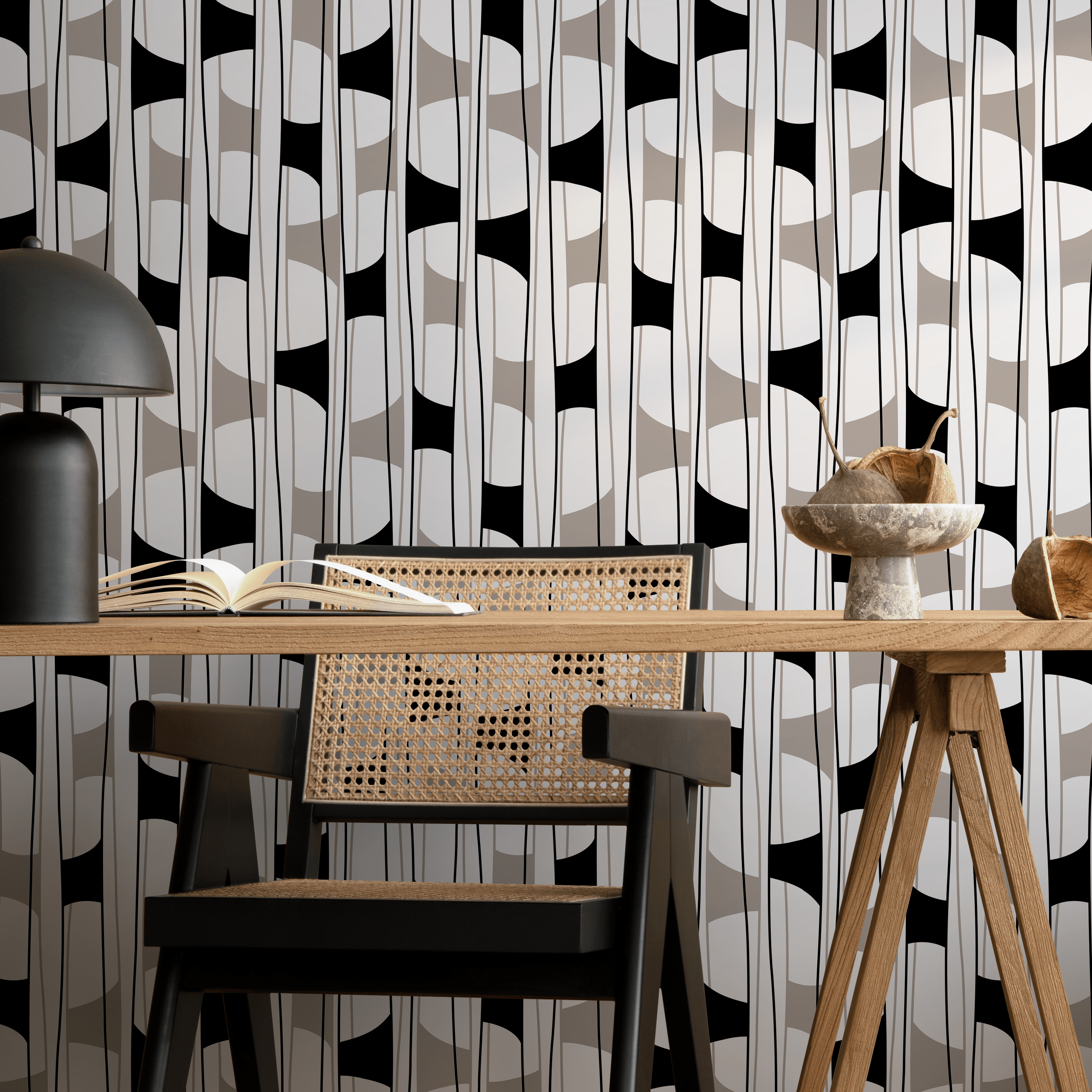 Geometric Wallpaper With Vertical Block Shapes In Black, Taupe, And White - C301
