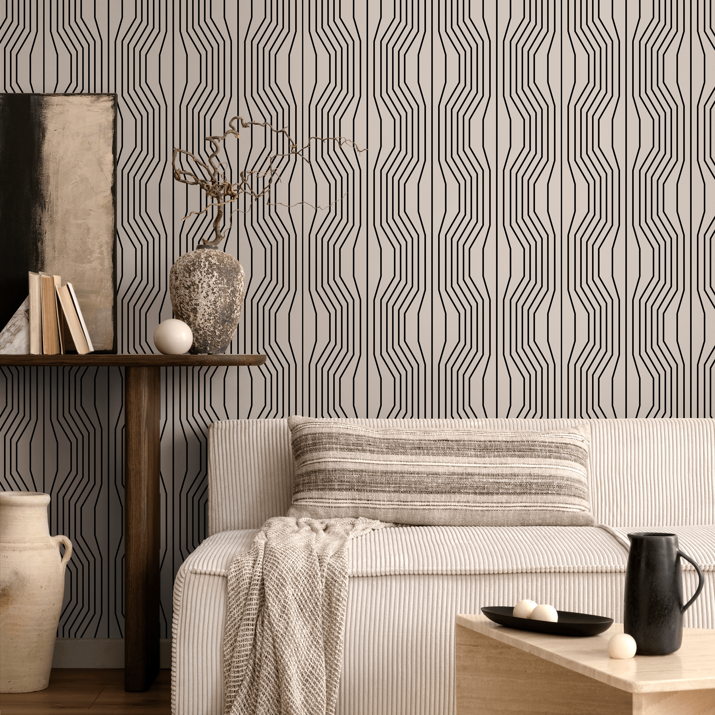 Geometric Wallpaper With Wavy Vertical Lines In Black And Beige - C303