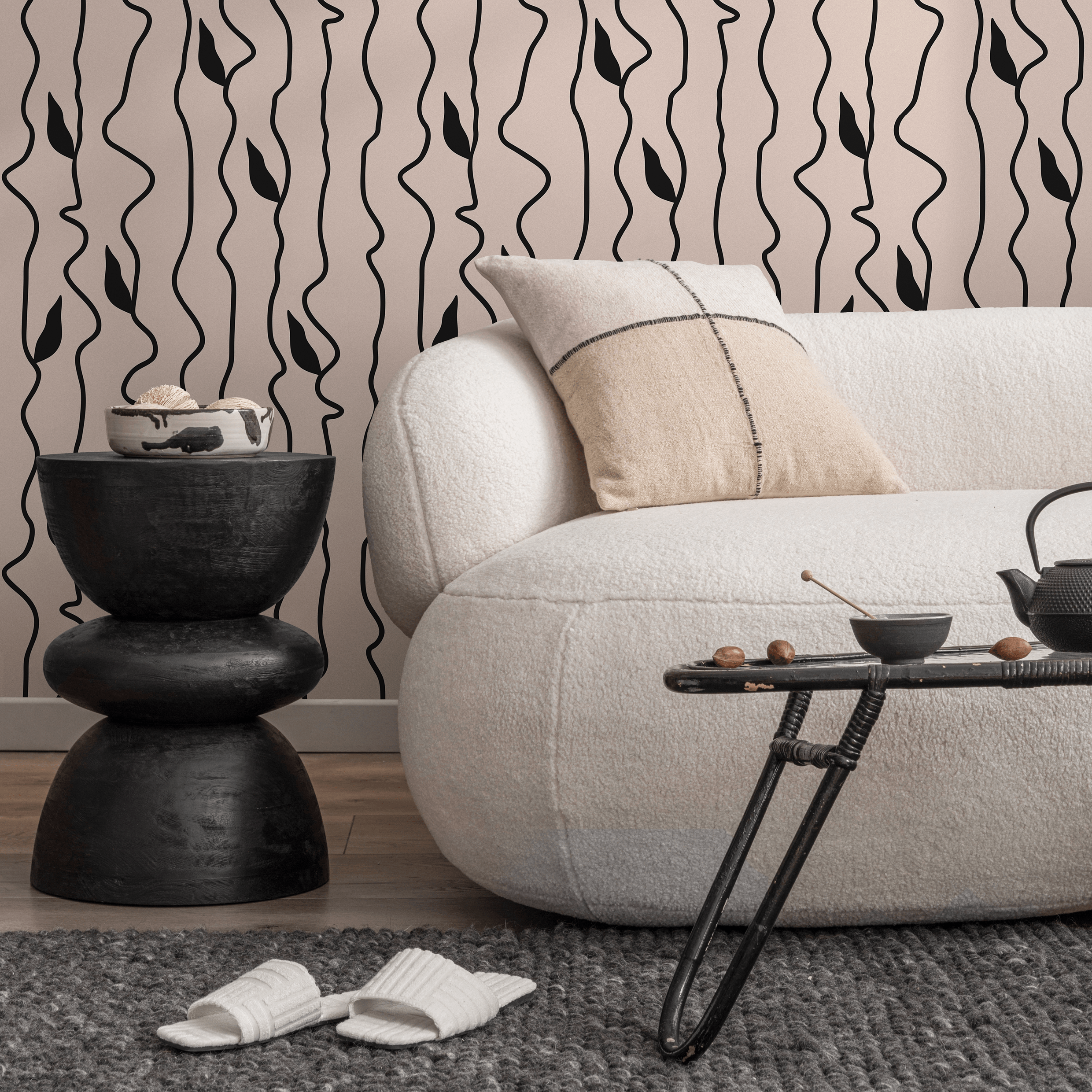 Abstract Wallpaper With Wavy Lines And Leaves In Black And Pink - C307