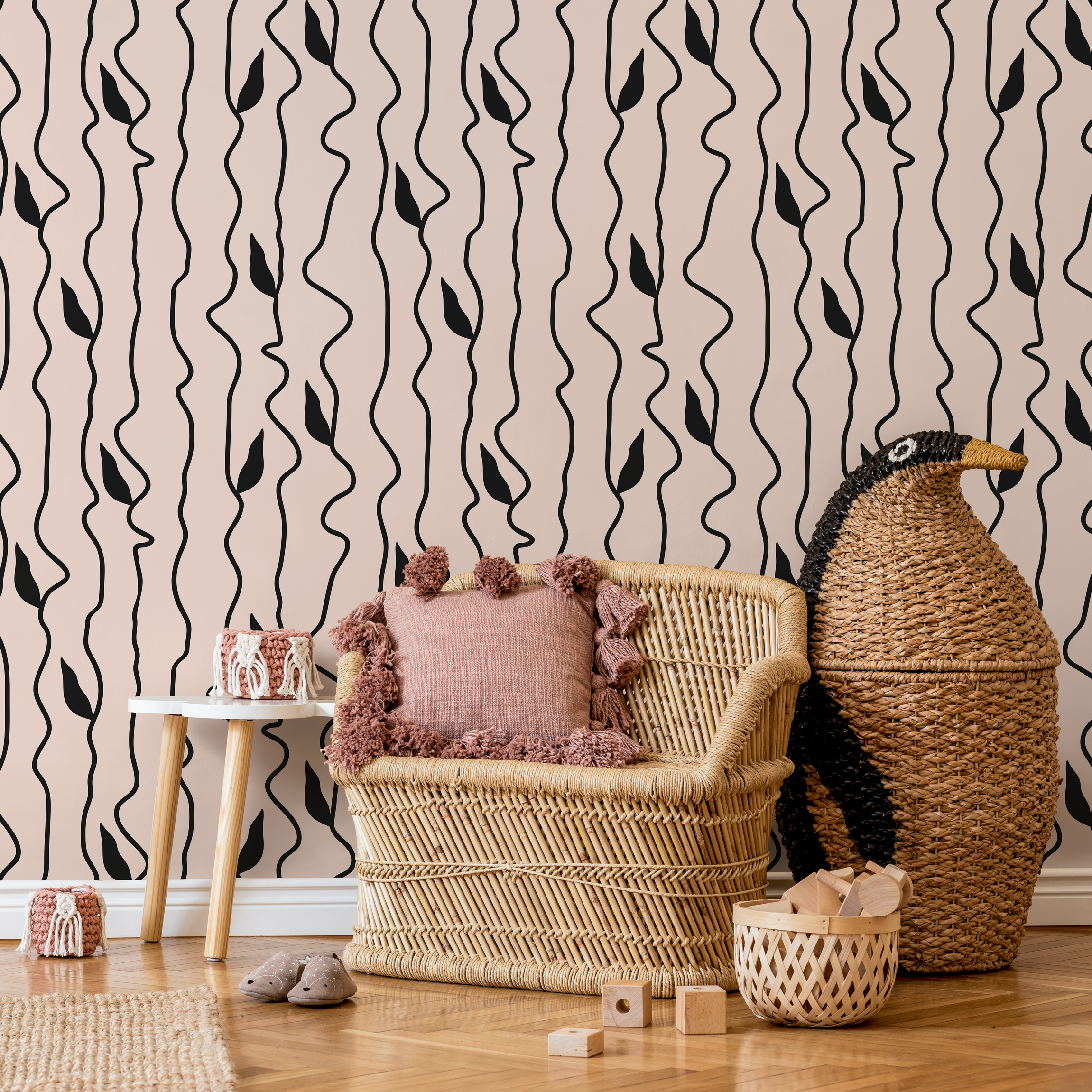 Abstract Wallpaper With Wavy Lines And Leaves In Black And Pink - C307