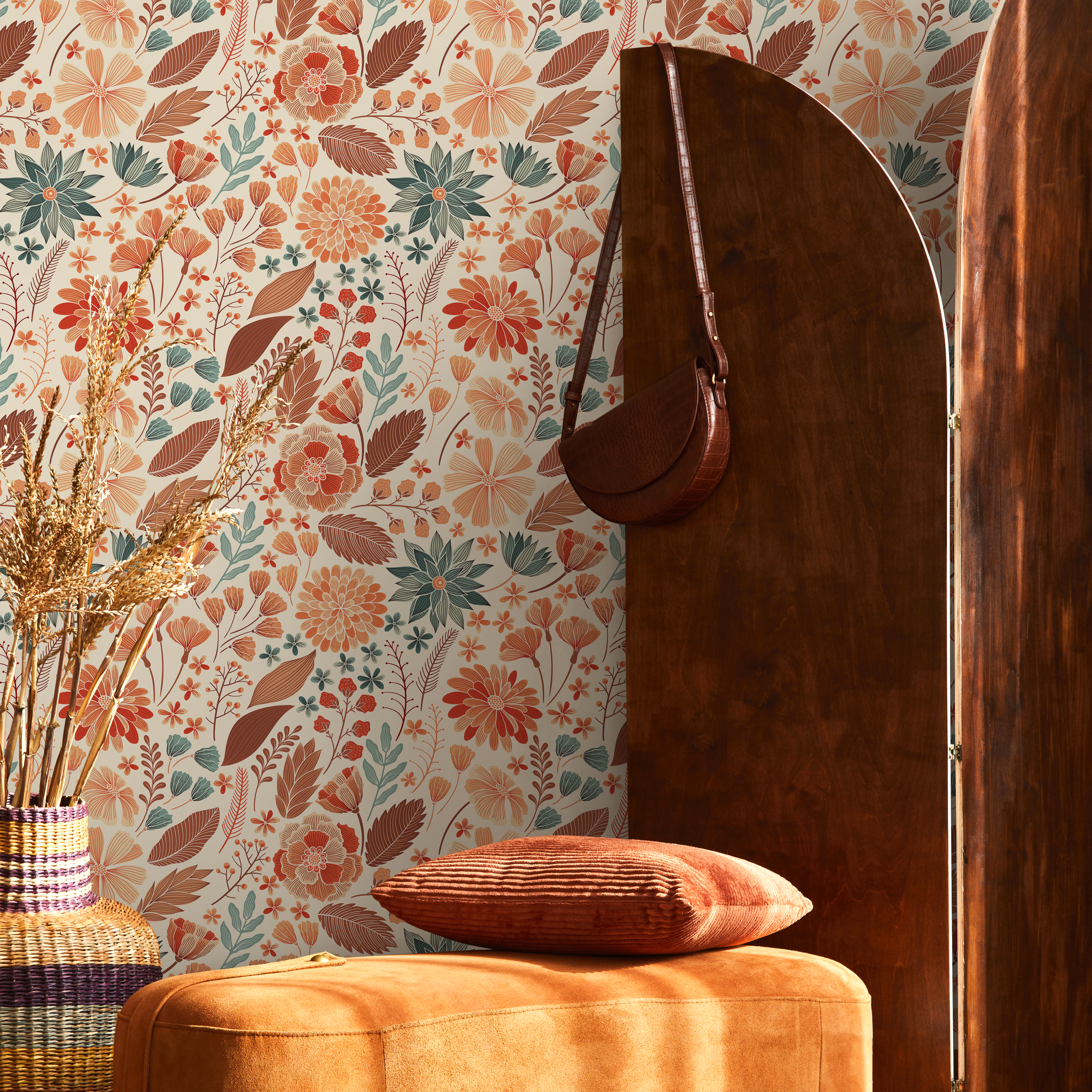 Floral Wallpaper Featuring Stylized Garden Blooms In Orange, Teal, And Brown - C310