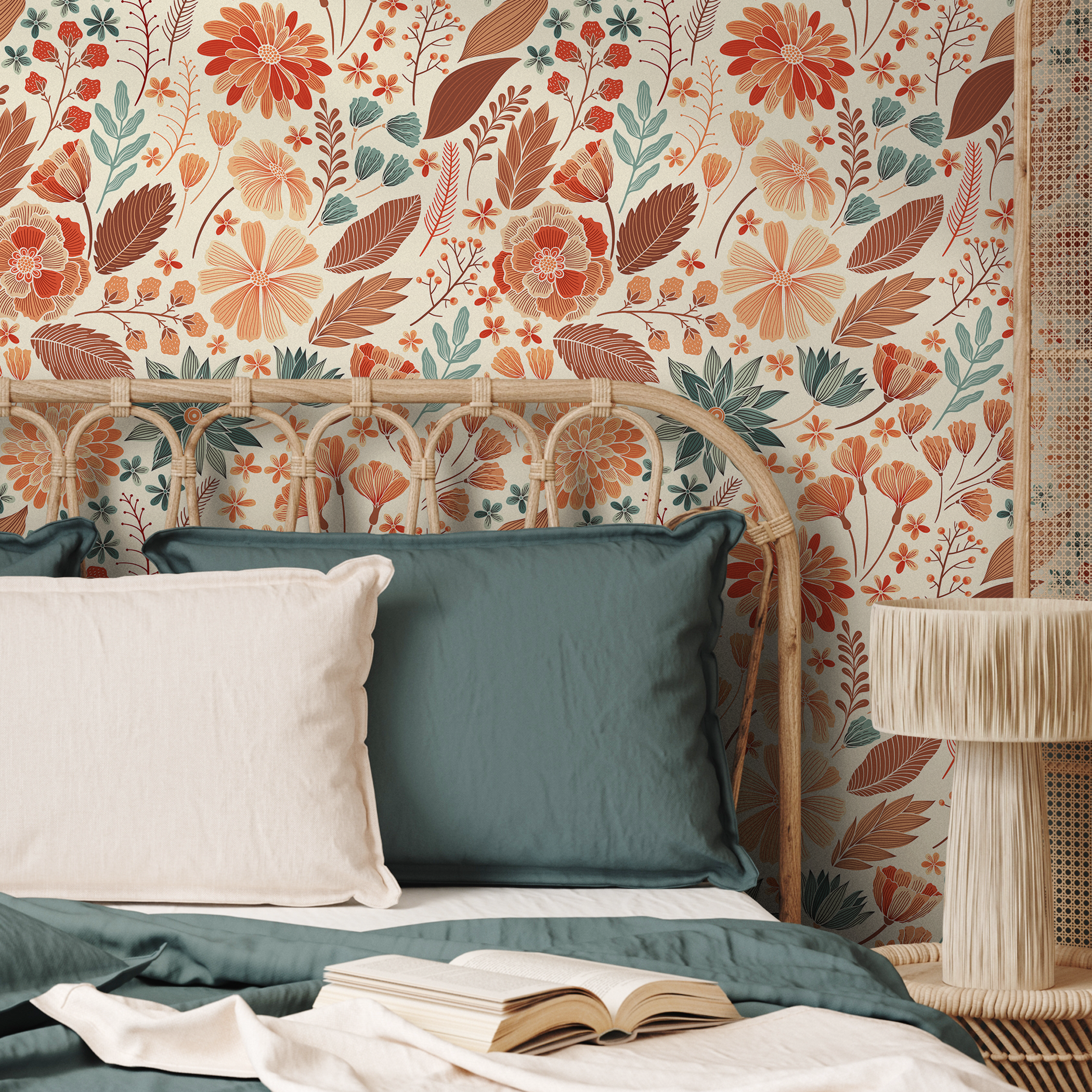 Floral Wallpaper Featuring Stylized Garden Blooms In Orange, Teal, And Brown - C310