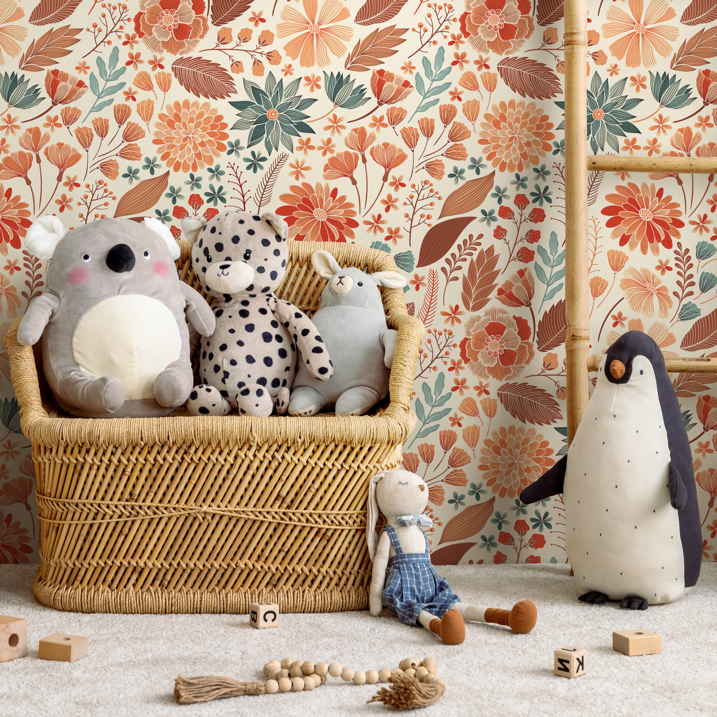 Floral Wallpaper Featuring Stylized Garden Blooms In Orange, Teal, And Brown - C310