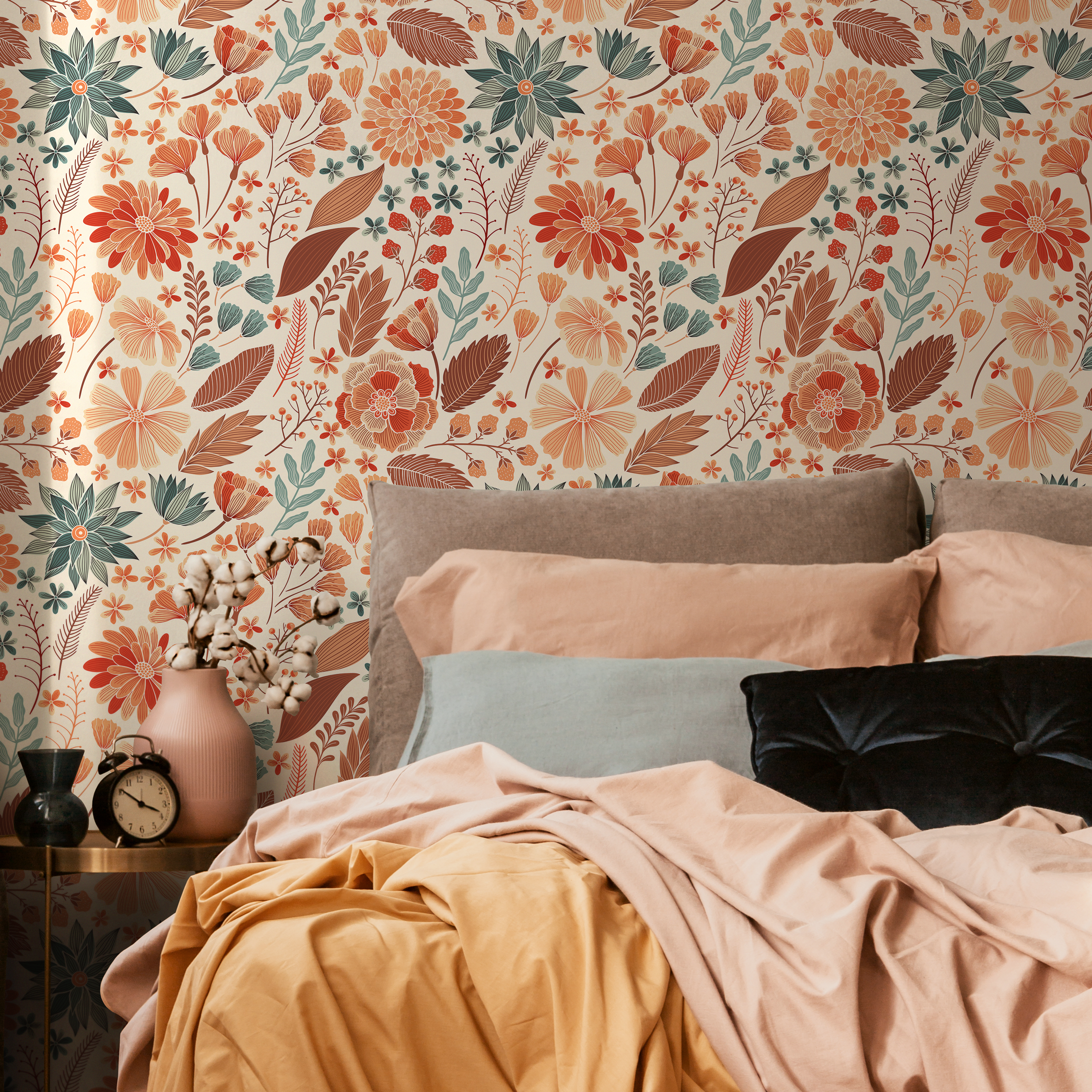 Floral Wallpaper Featuring Stylized Garden Blooms In Orange, Teal, And Brown - C310