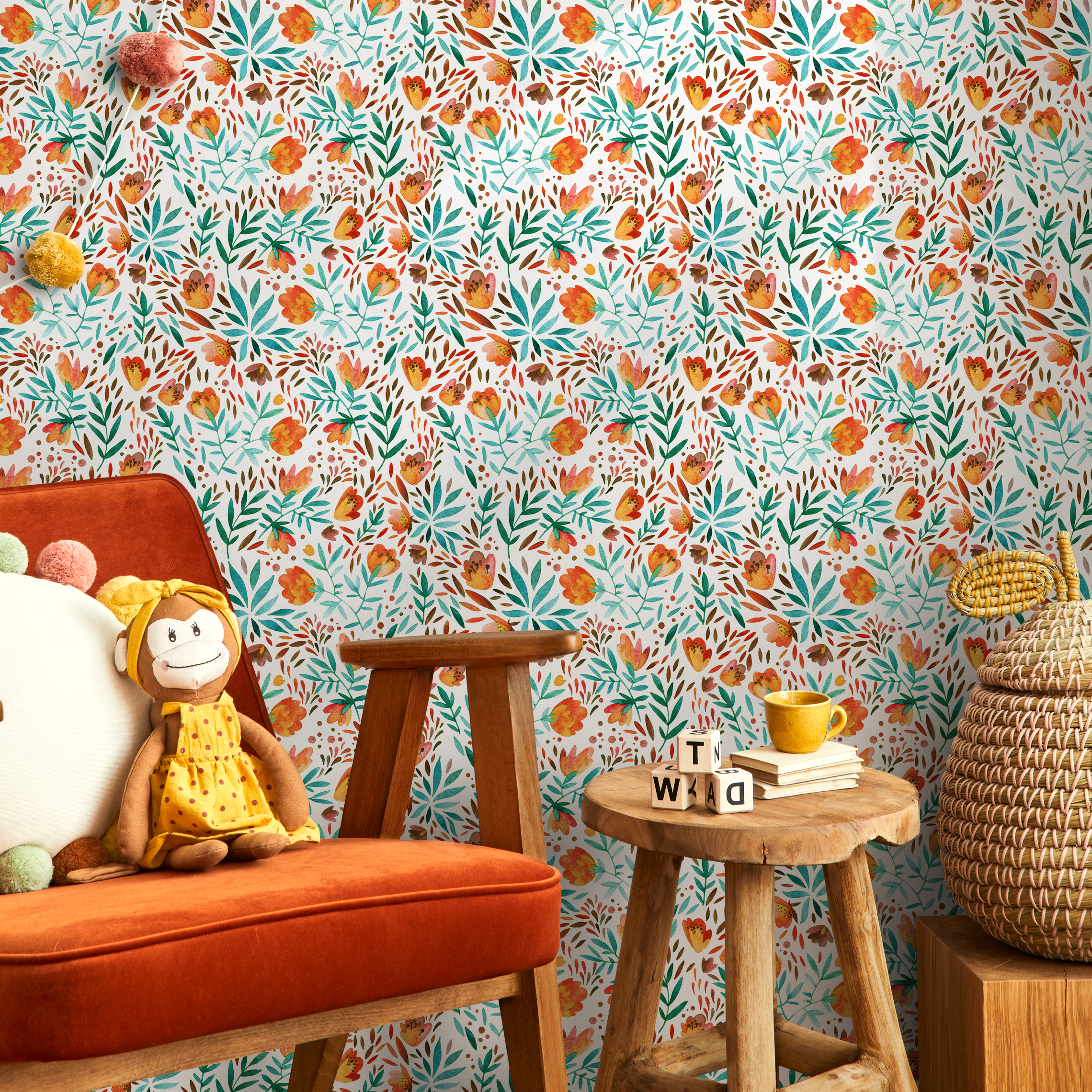 Floral Wallpaper With A Watercolor Botanical Motif In Orange, Teal, And Green - C311