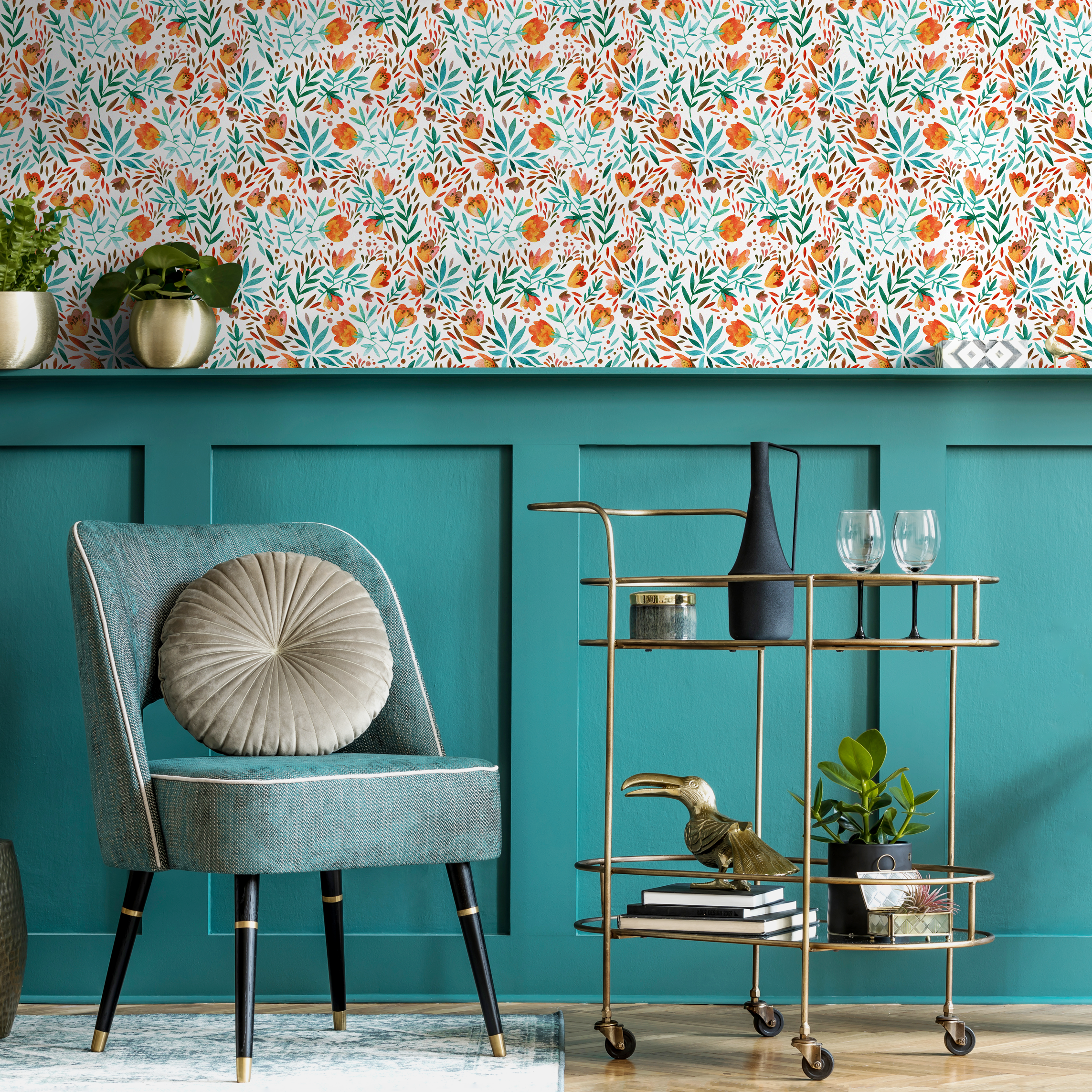 Floral Wallpaper With A Watercolor Botanical Motif In Orange, Teal, And Green - C311