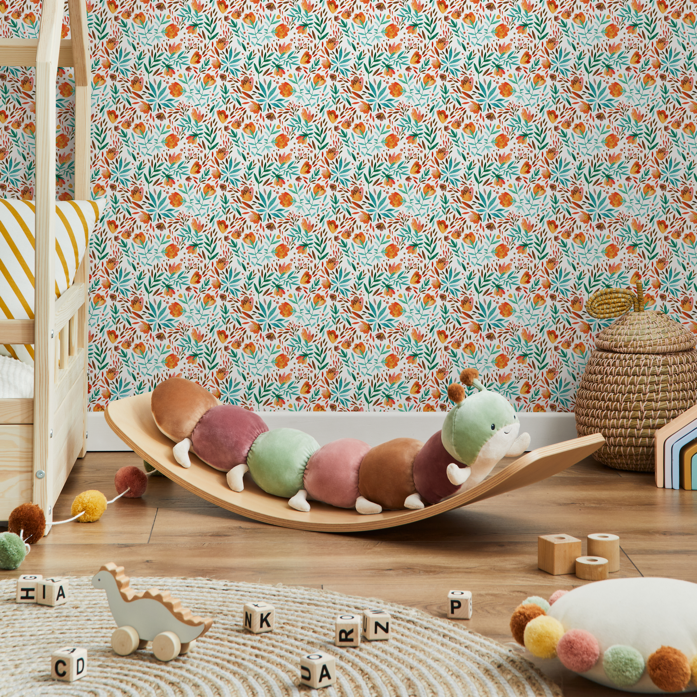 Floral Wallpaper With A Watercolor Botanical Motif In Orange, Teal, And Green - C311