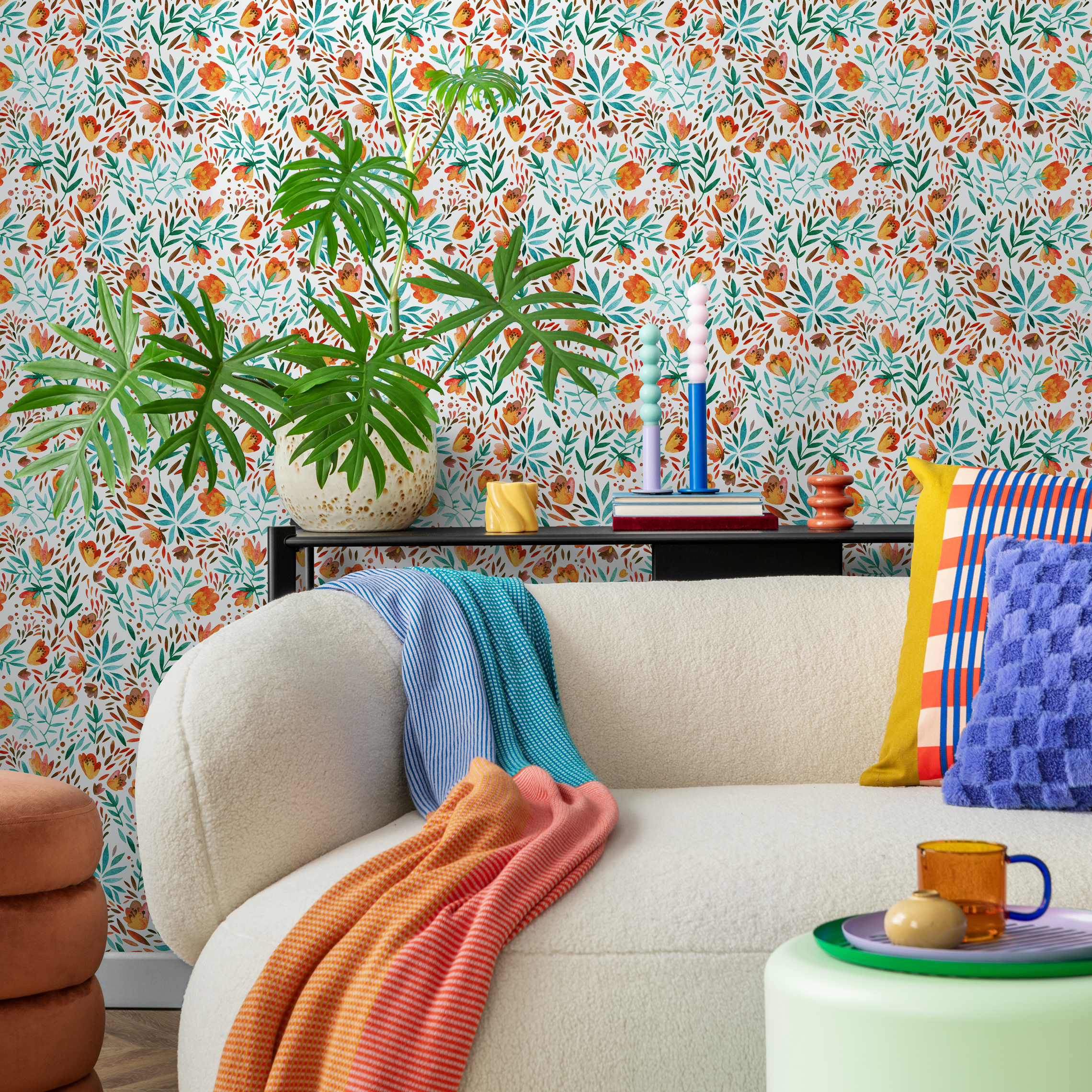 Floral Wallpaper With A Watercolor Botanical Motif In Orange, Teal, And Green - C311