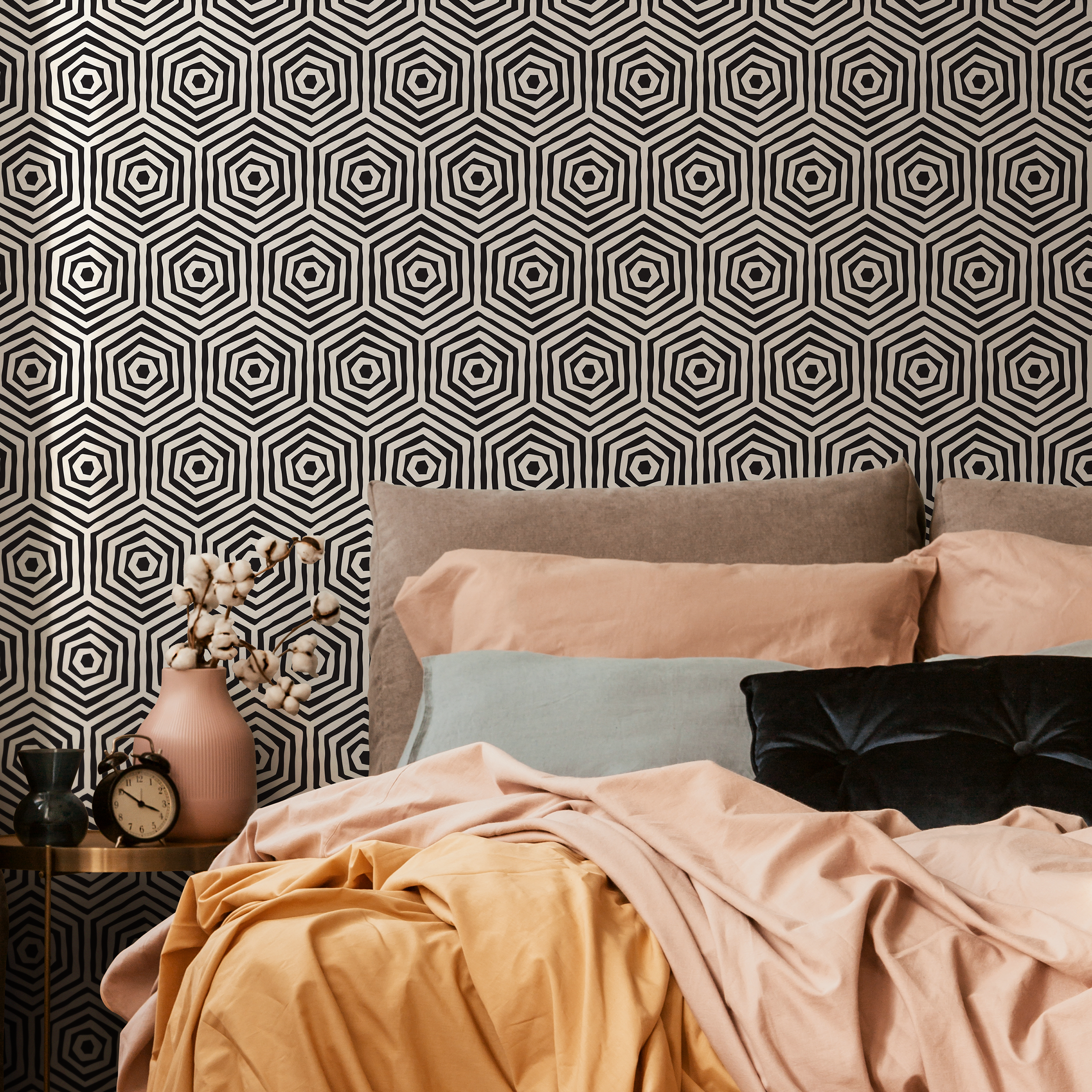 Geometric Wallpaper With Concentric Hexagons In Black And White - C312