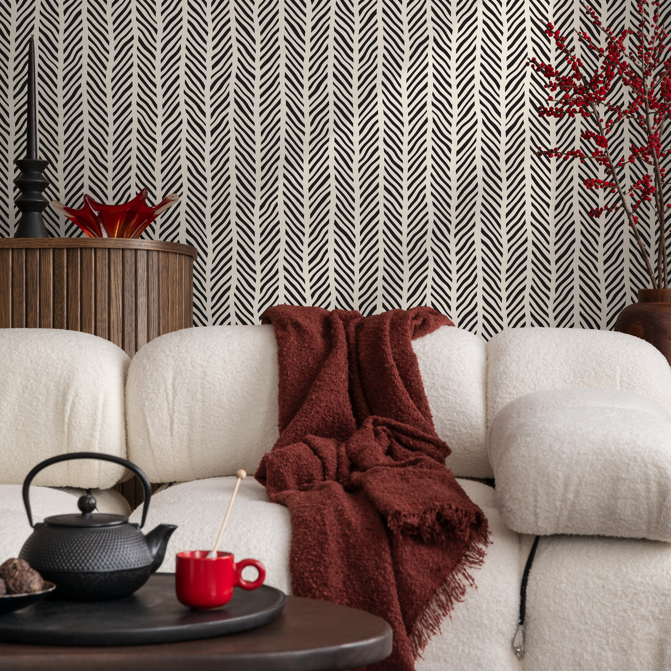 Geometric Wallpaper With Sketched Chevron Lines In Black And Off-white - C313