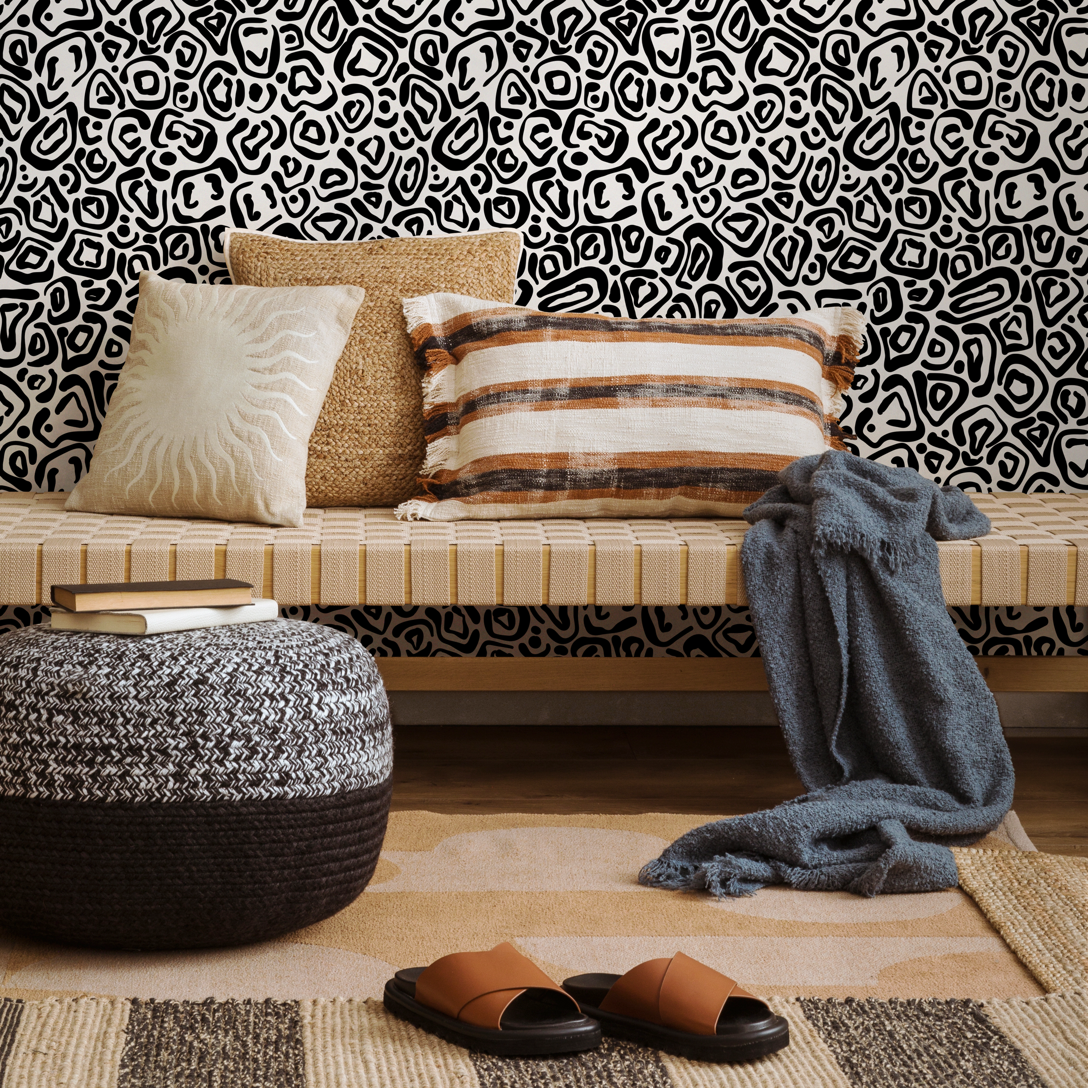 Abstract Wallpaper With An Organic Tribal Motif In Black And White - C314