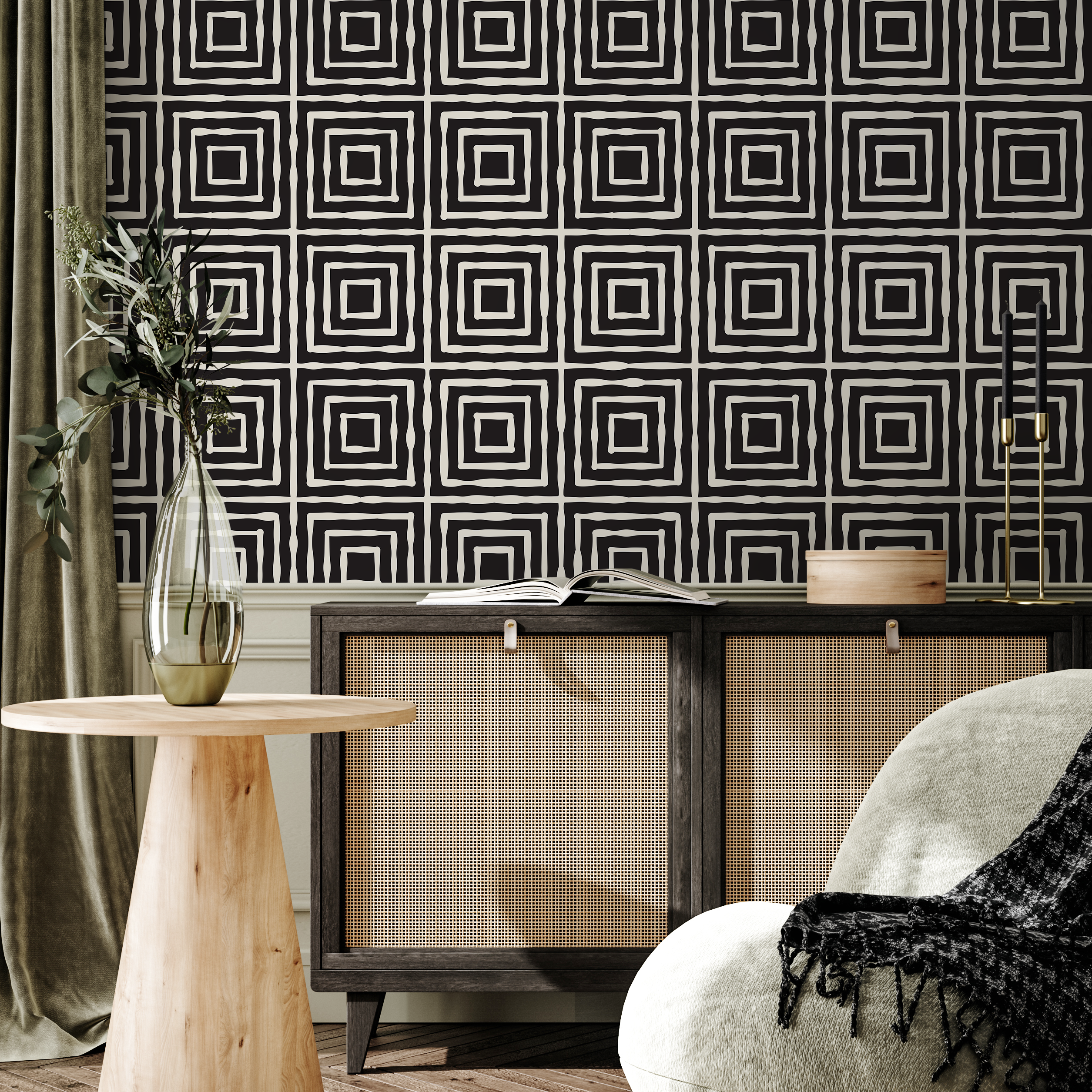 Geometric Wallpaper With Hand-drawn Squares In Black And White - C315