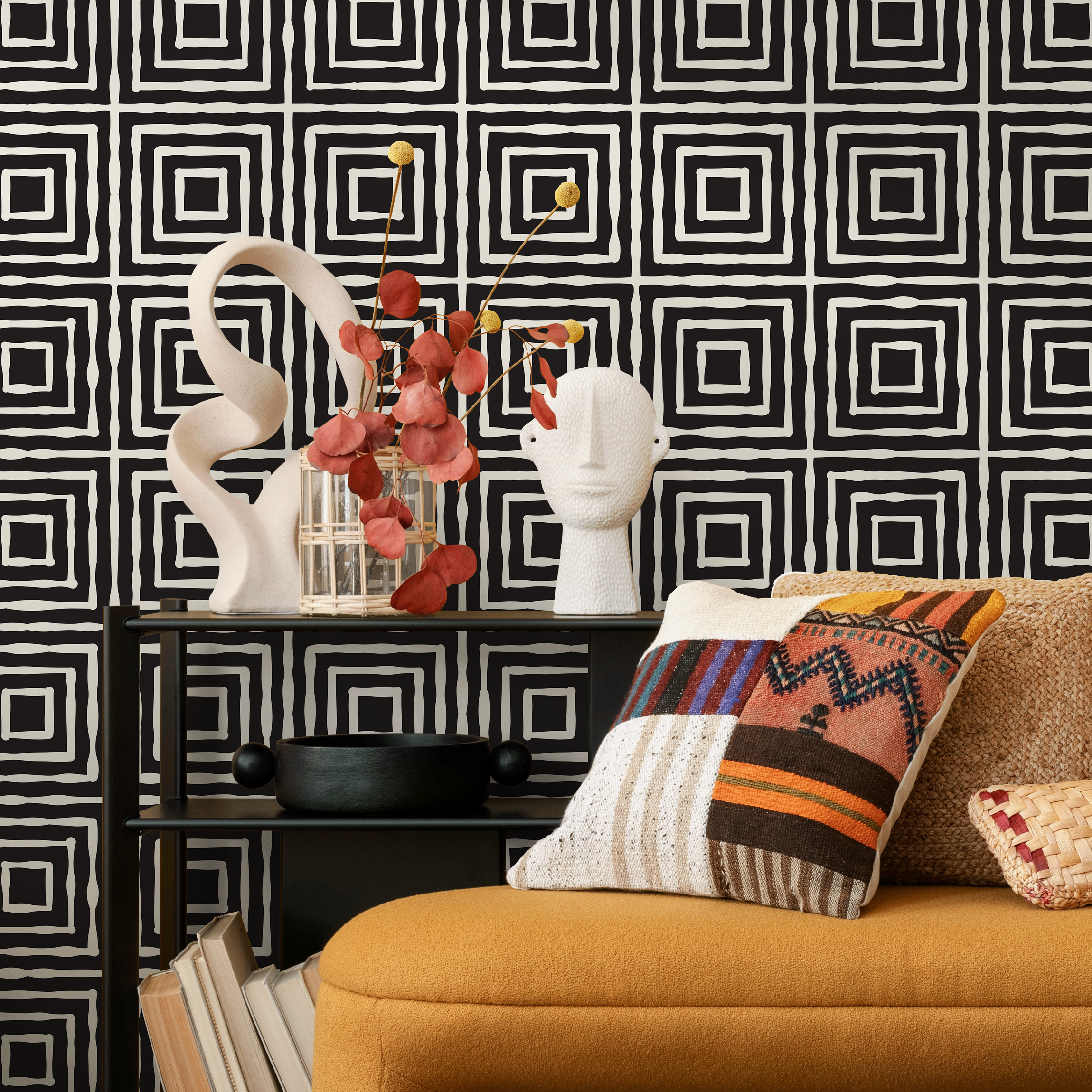 Geometric Wallpaper With Hand-drawn Squares In Black And White - C315